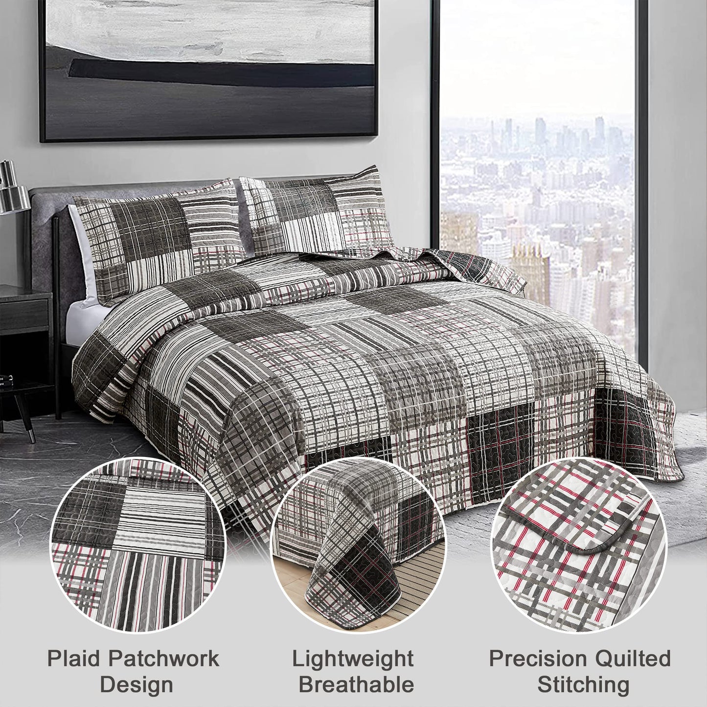 Bedspread Set Queen/Full Size Quilt Set Plaid Bed Spread Coverlet Black White Grey Plaid Patchwork Stripe Modern Quilt Bedspread Bedding Soft Lightweight Reversible Home Mens Quilts for Queen Bed