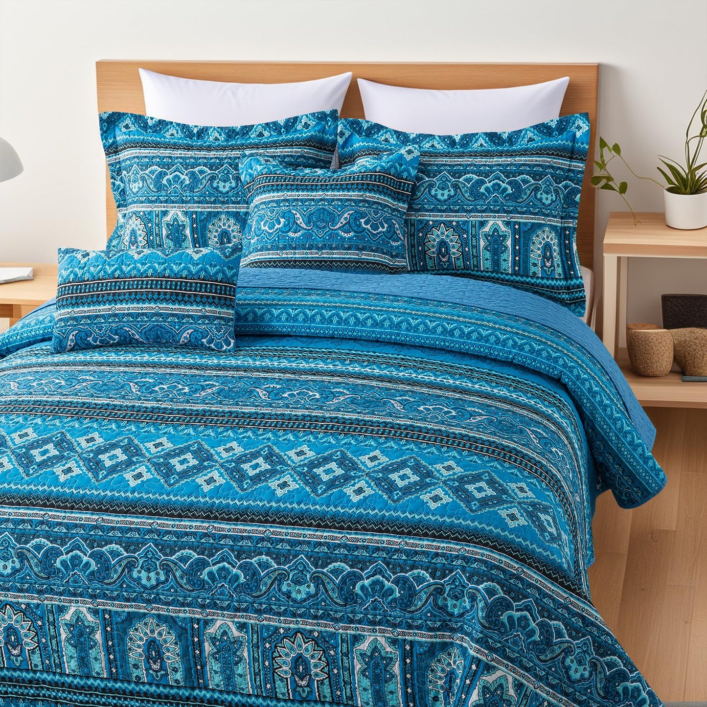 TWINRUN Cotton Quilts California King Size Set, 3 Pieces California King Quilt Bedding Set (108 x 118 Inch), Lightweight Boho Oversized King Size Bedspread, Blue Stripes Cotton Quilts for All Seasons