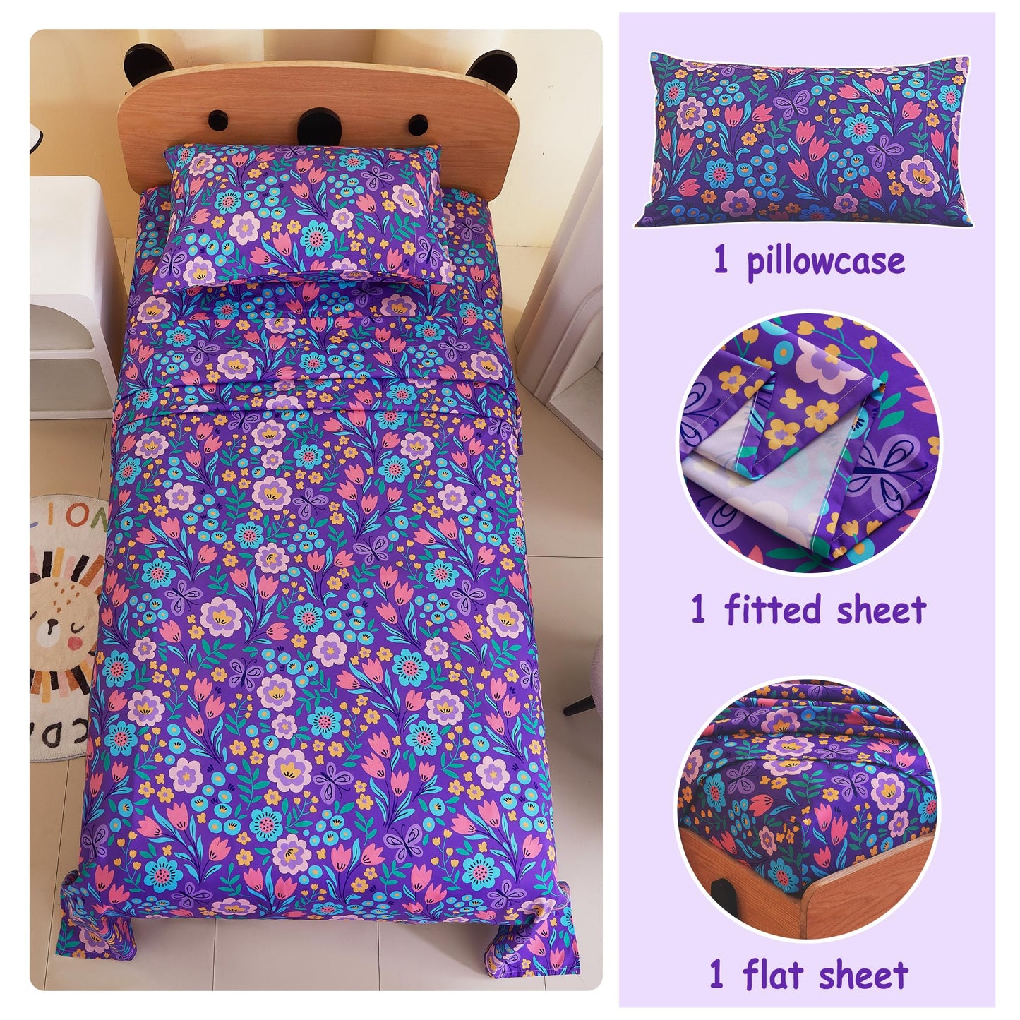 Softan Kids Bed Sheet Set, 3-Piece Twin Sheets Set, Microfiber Fitted Sheet with Corner Straps, Breathable & Silky Soft Purple Flower Butterfly Pattern Sheet and Pillowcase Sets