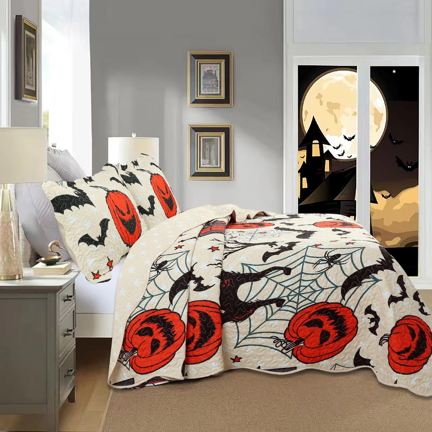 MarCielo Kids Halloween Themed Quilt Bedspread Set Pumpkins, Black Cats, Bats, Haunted Houses ME503 (Twin)