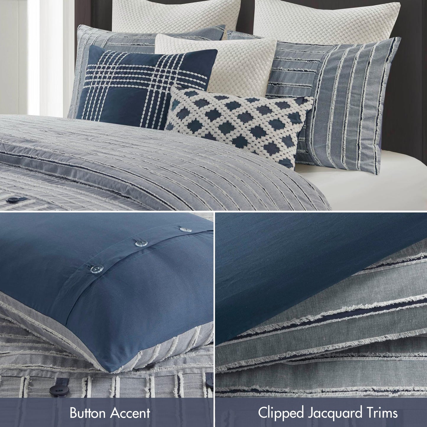 Madison Park Comforter Cotton Clipped Jacquard, Oversized Comforters King Size Bed, All Season Down Alternative Overfilled King Size Comforter, Essence, King/Cal King, Blue 9 Piece