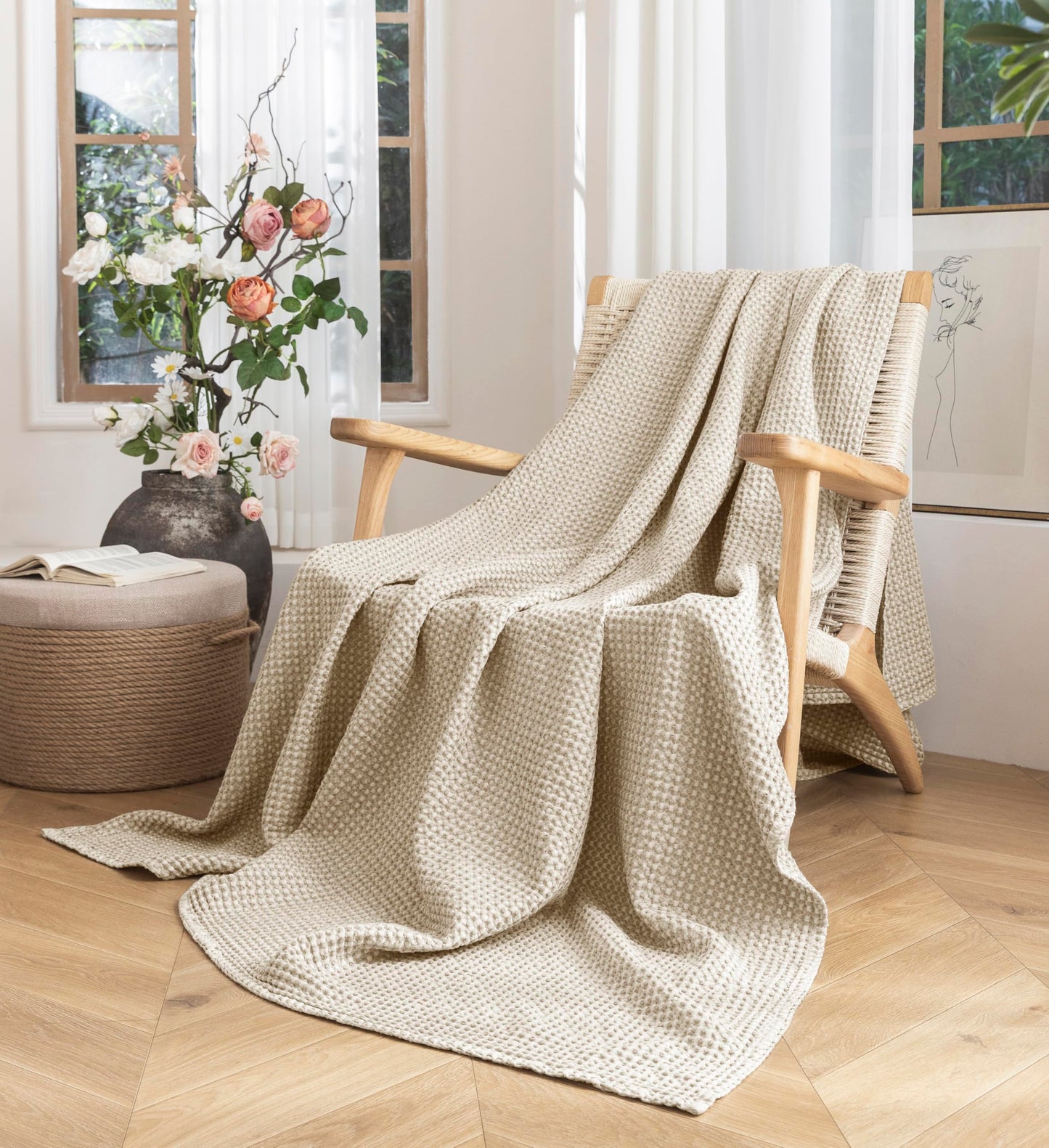 Talasily 100% Cotton Blanket Queen Size for Bed - Spring and Summer Cooling Lightweight & Breathable Bedding -Soft Waffle Weave Christmas Blanket, Machine Washable,Oatmeal,90x90 Inches