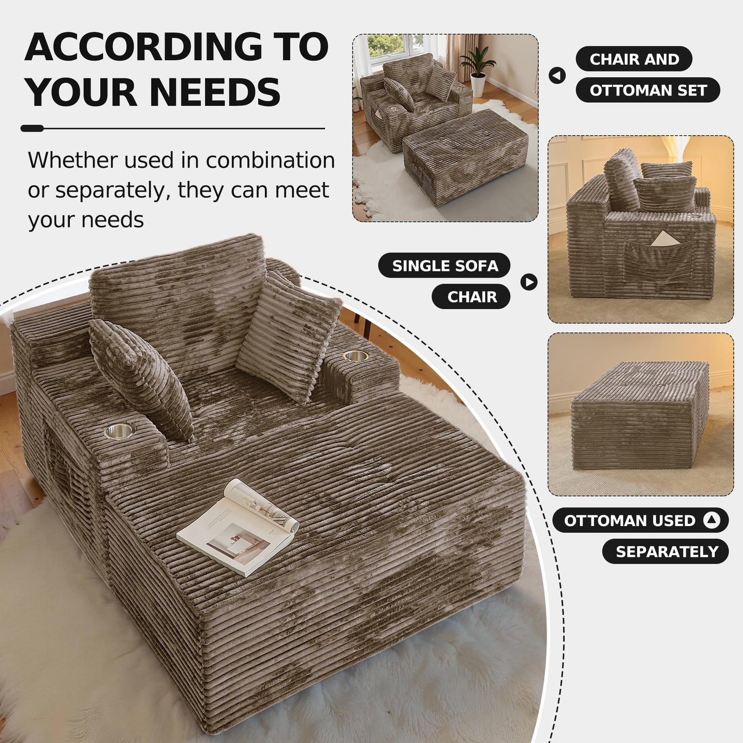 CHORRO 66" Chaise Lounge Chair Indoor,Oversized Boneless Single Sleeeper Couch Bed,Corduroy Cloud Sofa with 3 Soft Pillows for Livingroom,Bedroom,No Assembly,(Khaki)