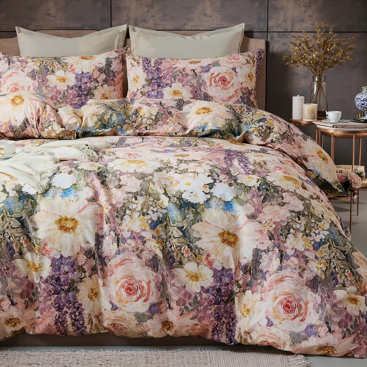 Cozaline 100% Cotton Duvet Cover King Size – Romantic Garden Impressionist Floral Duvet Cover Set with Zipper Closure, 3-Piece Luxury & Soft Bedding Set for All Seasons