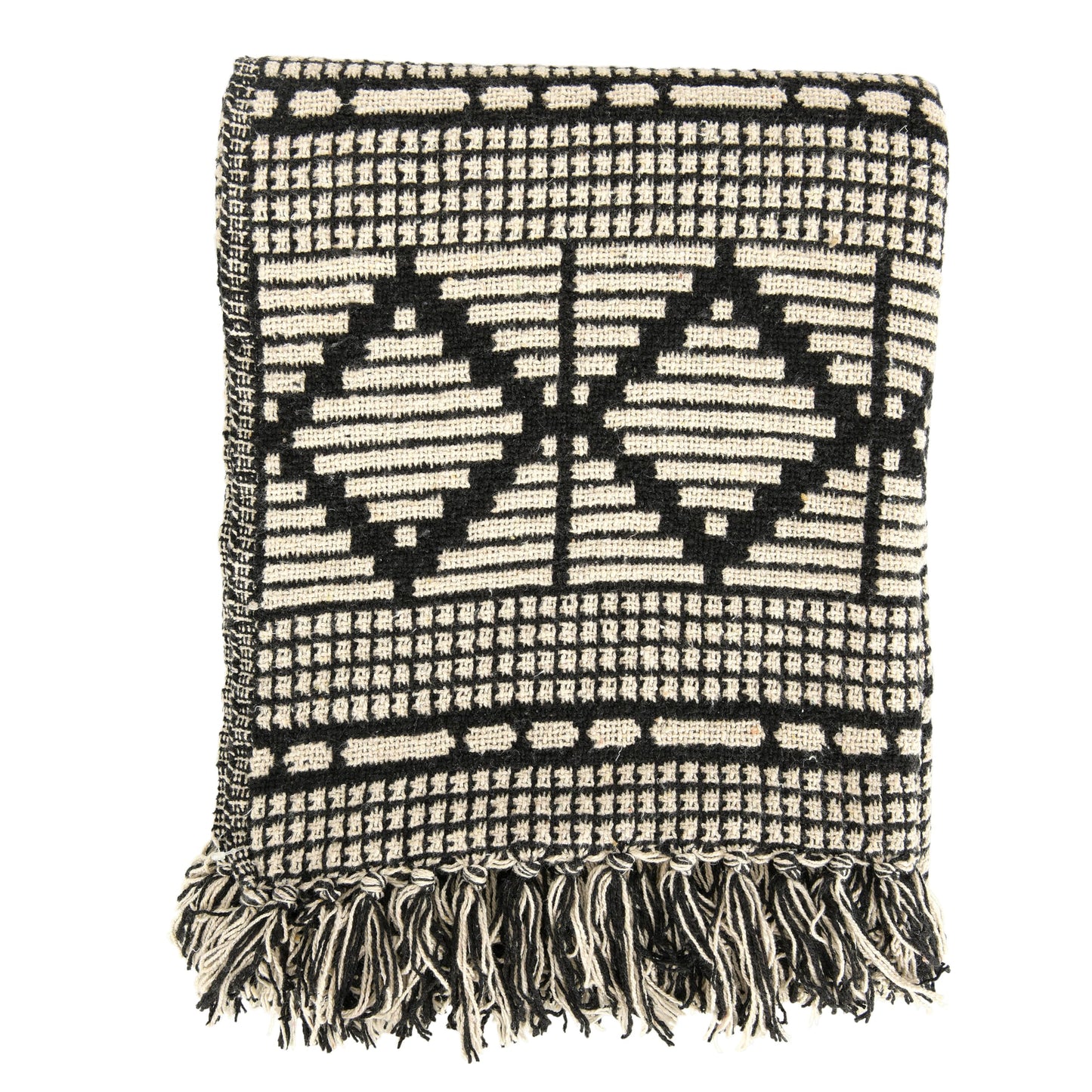 Bloomingville Soft Reclaimed Cotton Blend Throw with Diamond Pattern and Fringe, Black and Beige