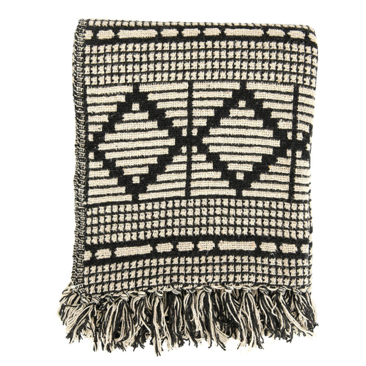 Bloomingville Soft Reclaimed Cotton Blend Throw with Diamond Pattern and Fringe, Black and Beige
