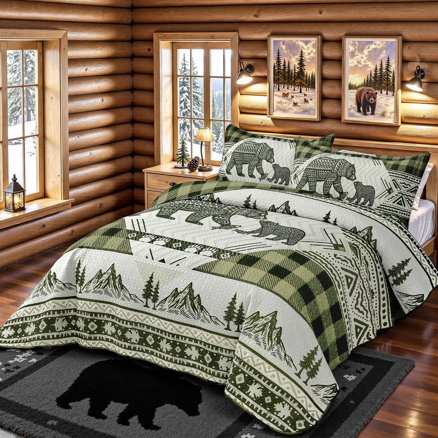 3 Piece Cabin Full/Queen Quilt Sets Farmhouse Rustic Reversible Microfiber Soft Lightweight Bedspread Comforter with 2 Shams Patchwork Country Lodge Bedding Quilts Set for All Season, 90''x96'', Green