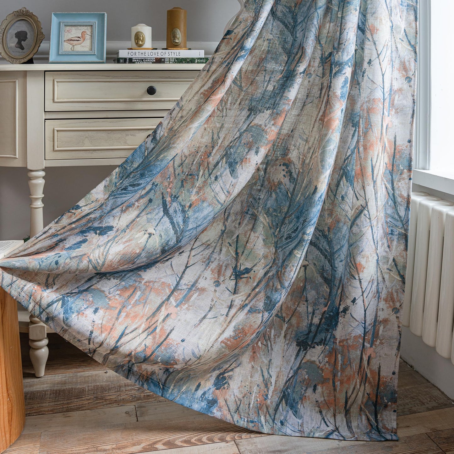 MEETSKY Blue Curtains 84 Inch Long for Living Room - Branches Pattern Printed Curtain Light Filtering Thick Linen Textured Grommet Drapes for Bedroom, 52" x 84", Blue, 2 Panels