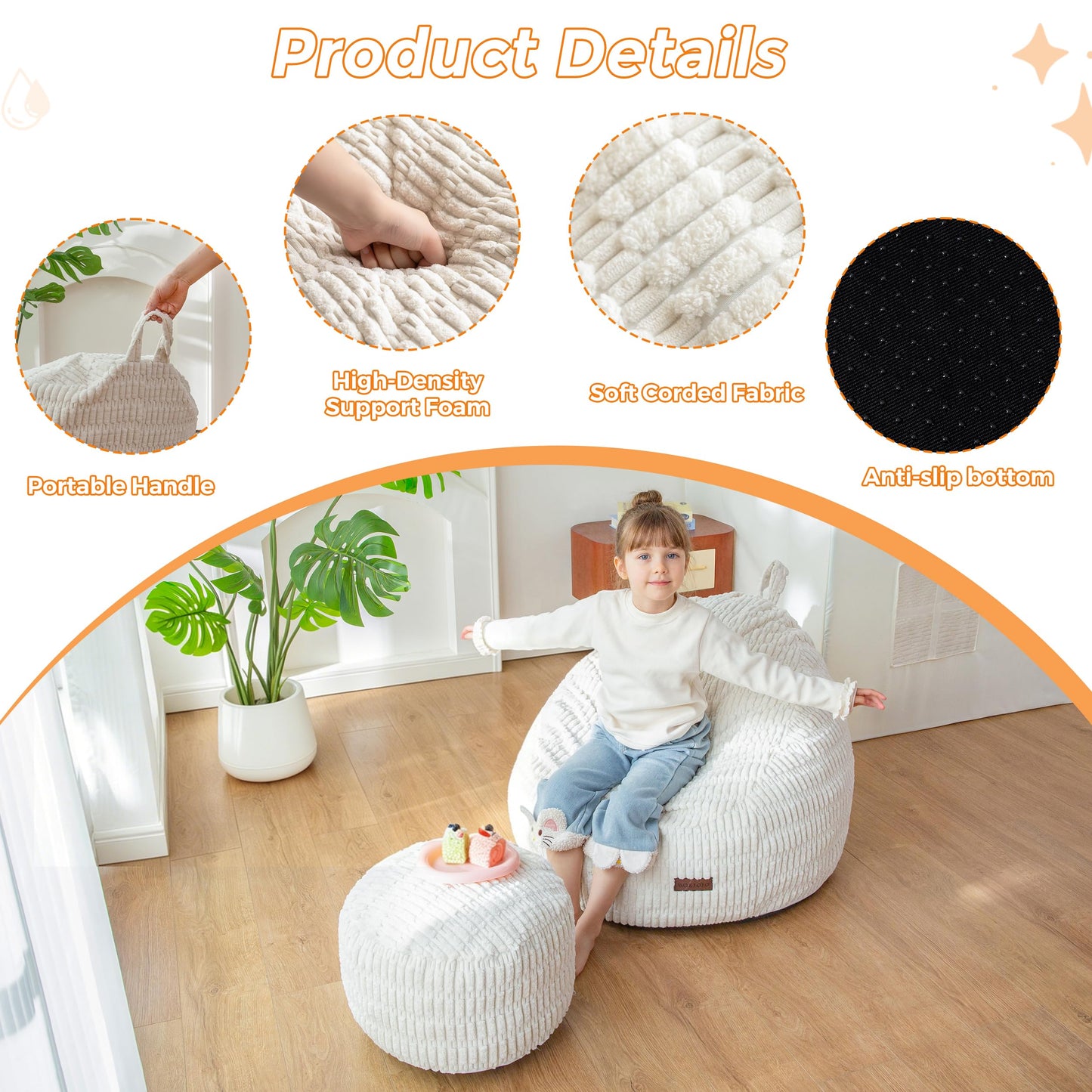 MAXYOYO Kids Bean Bag Chair with Ottoman, Soft Floor Bean Bag Sofa, Beige