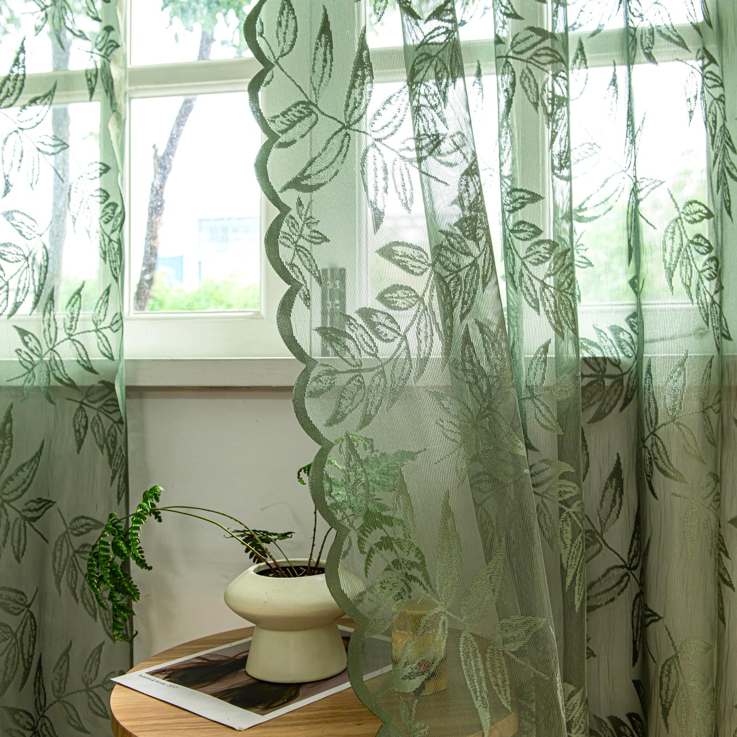 Sutuo Home Olive Green Lace Curtains 84 Inches Long for Bedroom Living Room, Leaf Embroidery Window Sheer Drapes Pair, Rod Pocket Vintage Country Window Treatments Set of 2 Panels, 57" W x 84" L
