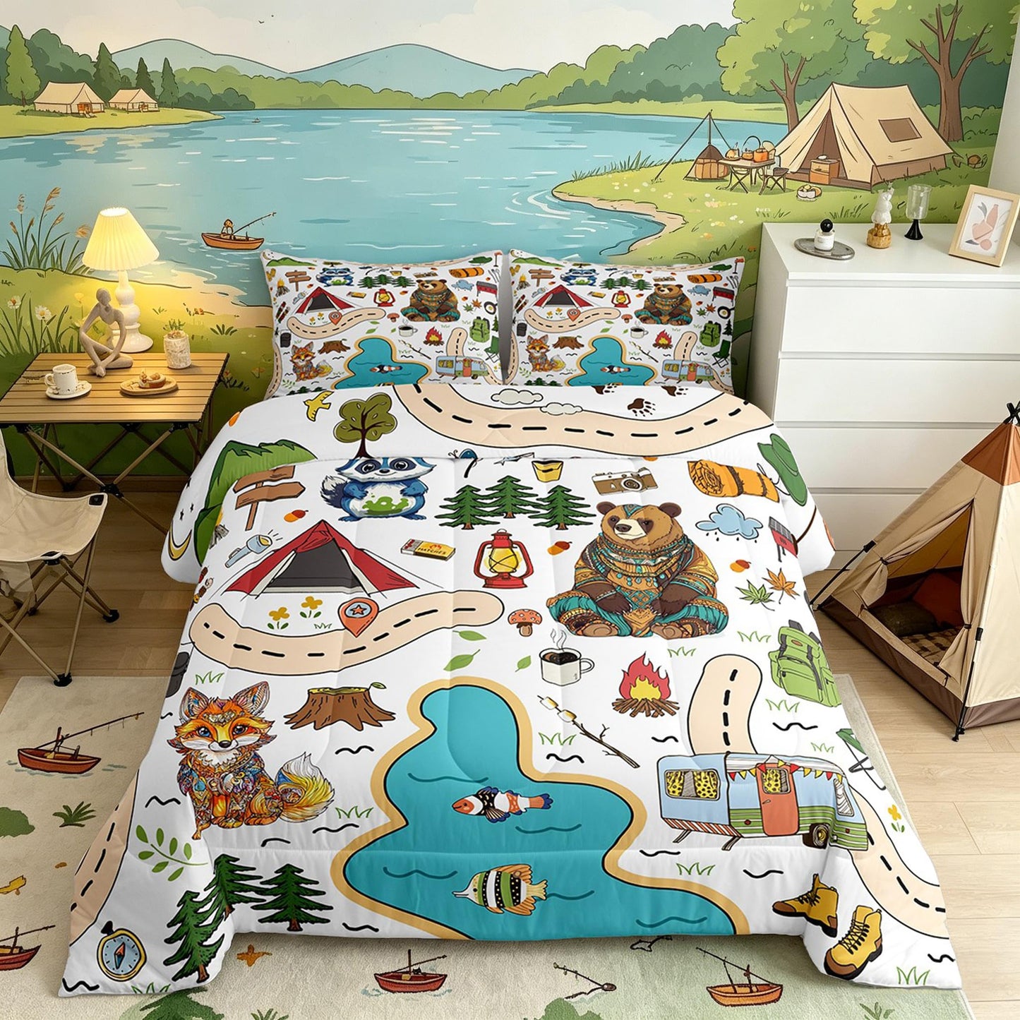 Feelyou Camping Adventure Bedding Set,Kids Boys Girls Full Size Cartoon Animal Tent Mountain Tree Comforter Set,Ultra Soft Camping Bonfire Outdoor Activities Comforter,Art Printed Duvet Quilt,Quilt