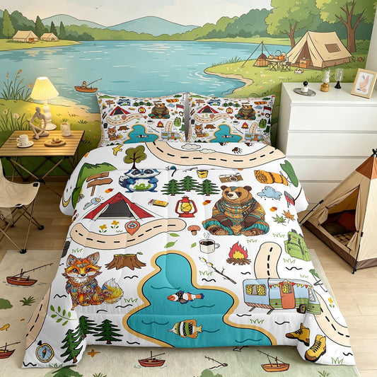 Feelyou Camping Adventure Bedding Set,Kids Boys Girls Full Size Cartoon Animal Tent Mountain Tree Comforter Set,Ultra Soft Camping Bonfire Outdoor Activities Comforter,Art Printed Duvet Quilt,Quilt