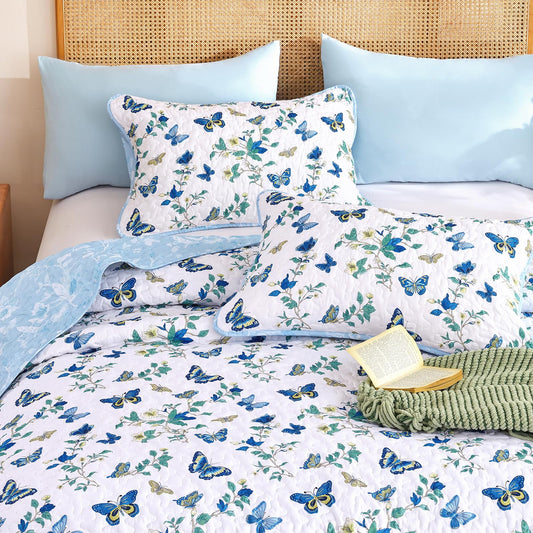 Xruibed Floral Quilt Set Queen Size, 3 Pieces Blue Bedspread Coverlet Set, Lightweight Coquette Cottagecore Shabby Chic Bedding Set for Women Teen Girls All Season(96"x90")
