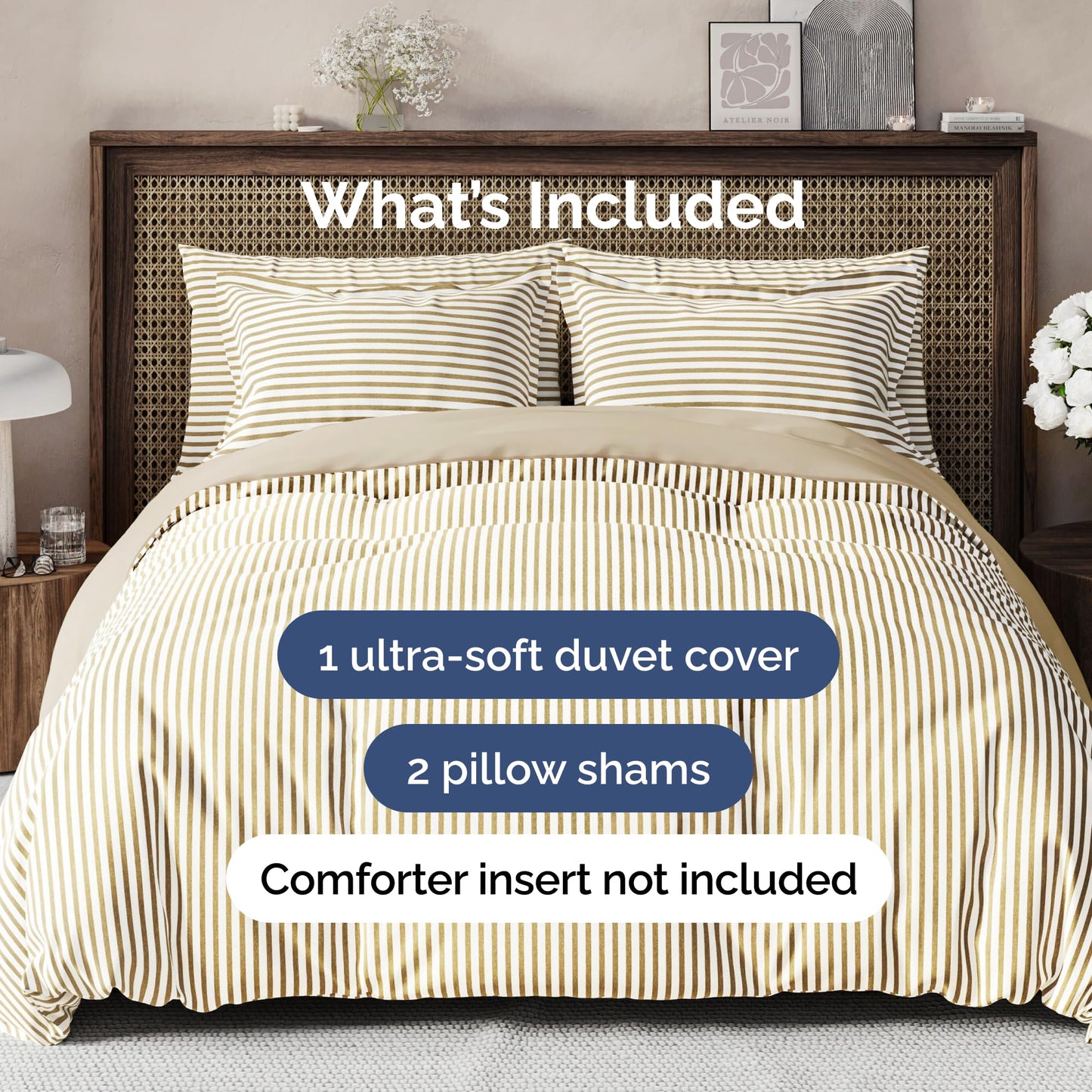 Duvet Cover Queen Size Set - Extra Soft Queen Size Duvet Cover 90 x 90 with 2 Pillow Shams - Hotel Luxury Easy Care & Fade Free w/Zipper Closures & Ties - Comfy Breathable Bedding Set (Beige Stripes)
