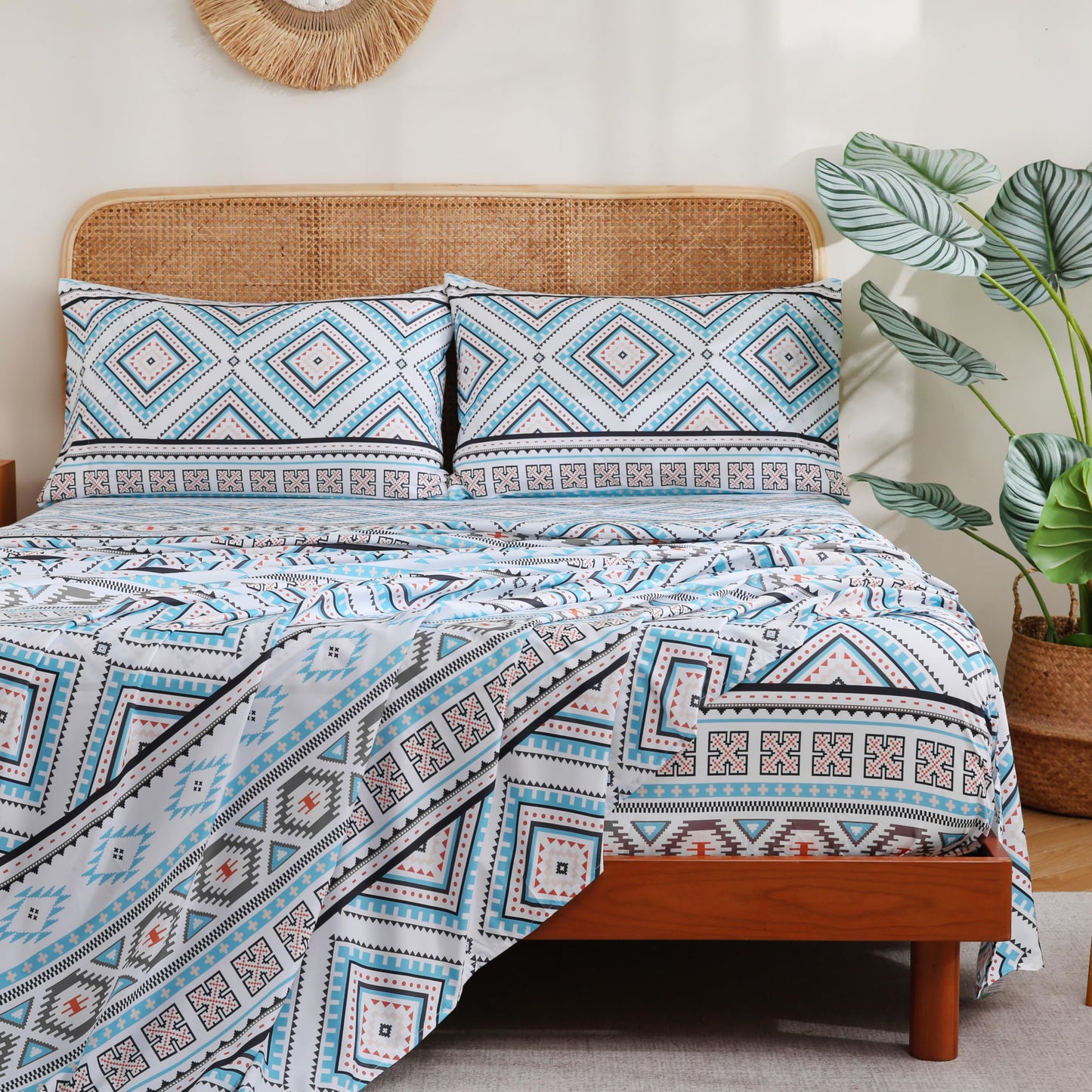CozySmile 4 Pieces Queen Sheet Set Bohemian, Boho Sheets Soft Microfiber Deep Pocket, Western Sheets Geometric(Queen, Turquoise Geometric)