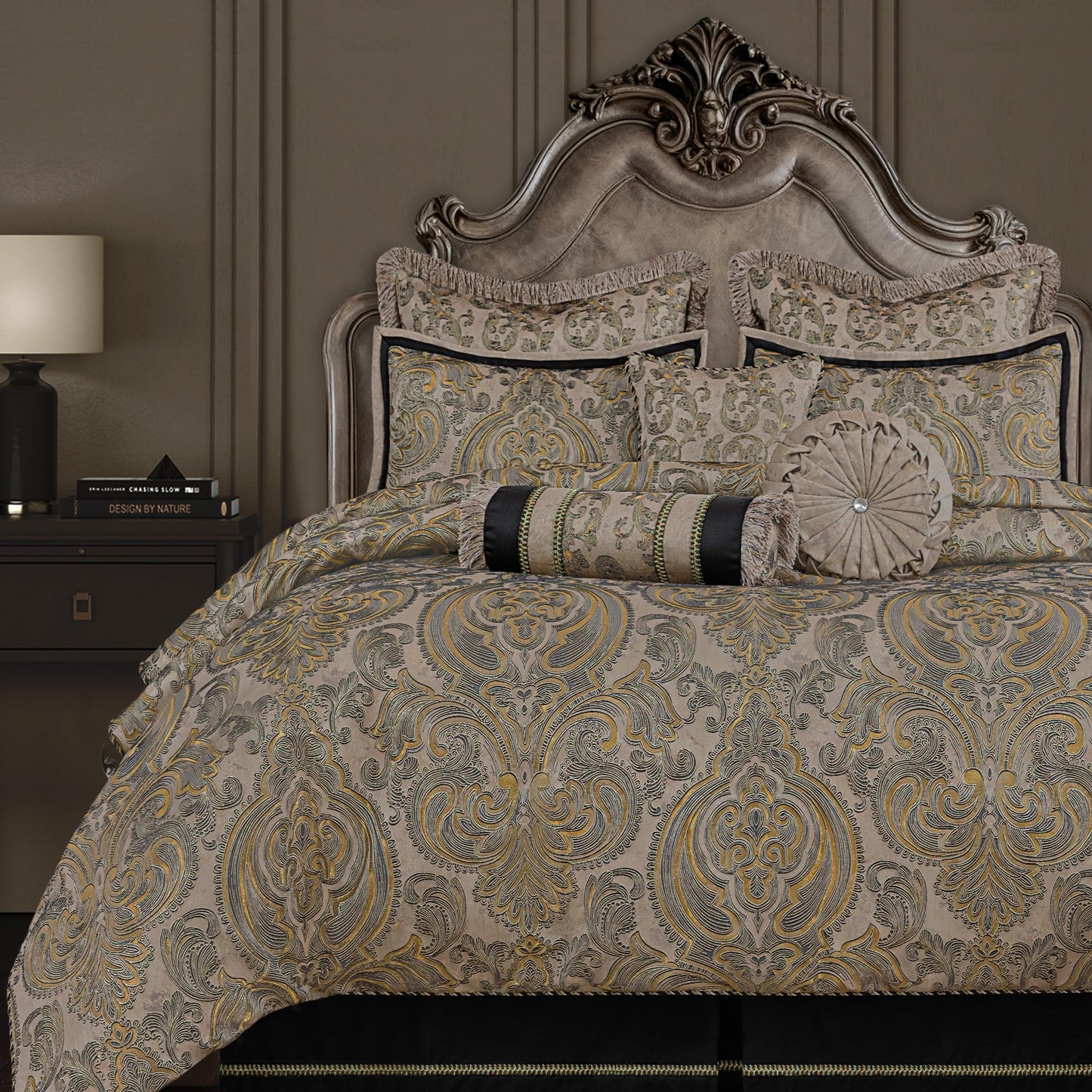 Loom and Mill 9-Piece Luxury King Size Comforter Set, European Damask Comforter Sets, Jacquard Bedding Sets with Euro Shams, Bedskirt, Filled Decorative Pillows(Taupe+Gold+Gray,King)