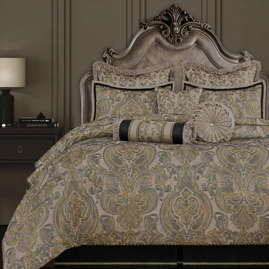 Loom and Mill 9-Piece Luxury King Size Comforter Set, European Damask Comforter Sets, Jacquard Bedding Sets with Euro Shams, Bedskirt, Filled Decorative Pillows(Taupe+Gold+Gray,King)