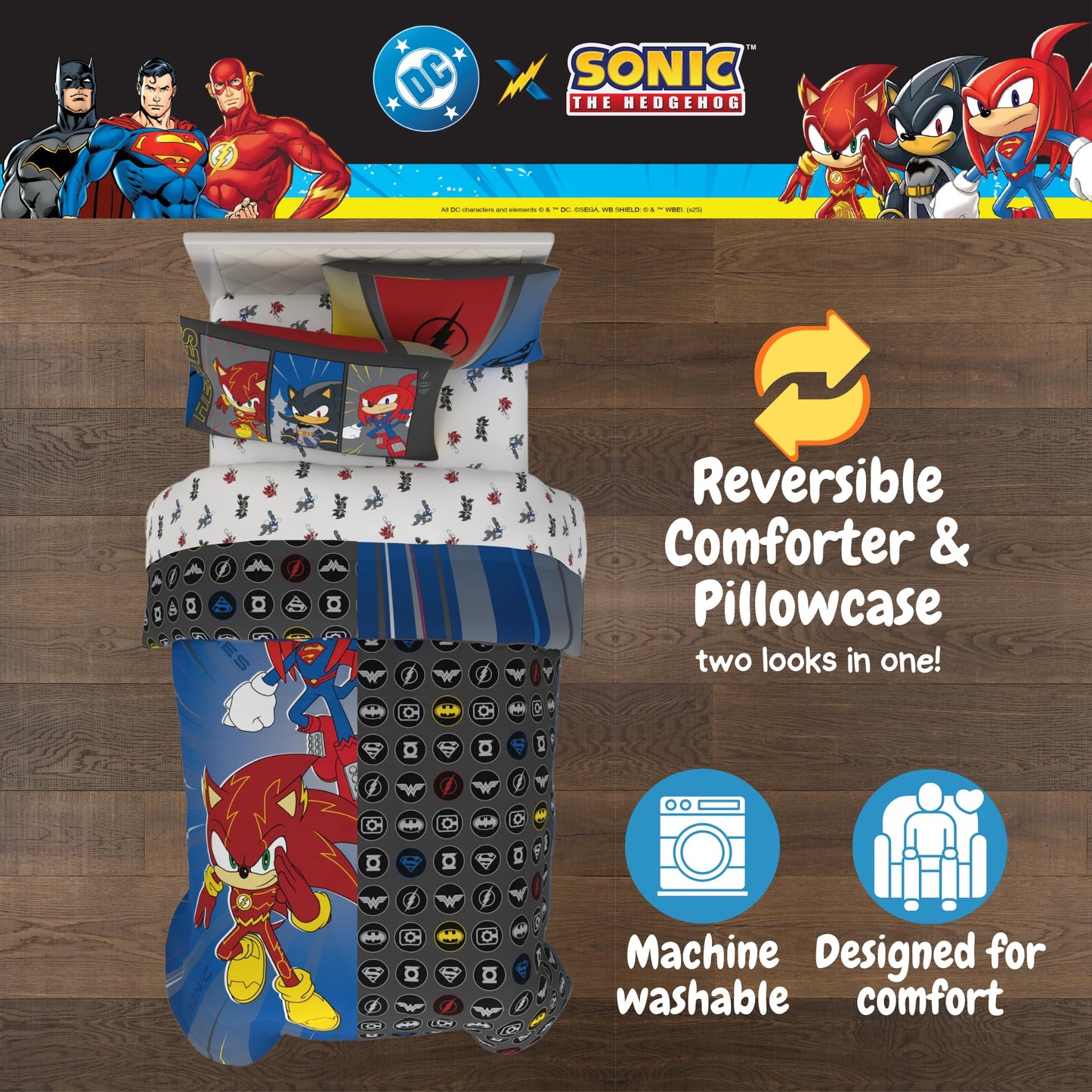 DC x Sonic The Hedgehog Kids Bedding Set, Twin Size, 4-Piece Super Soft Cozy Reversible Comforter & Sheet Set (Officially Licensed Product) by Franco