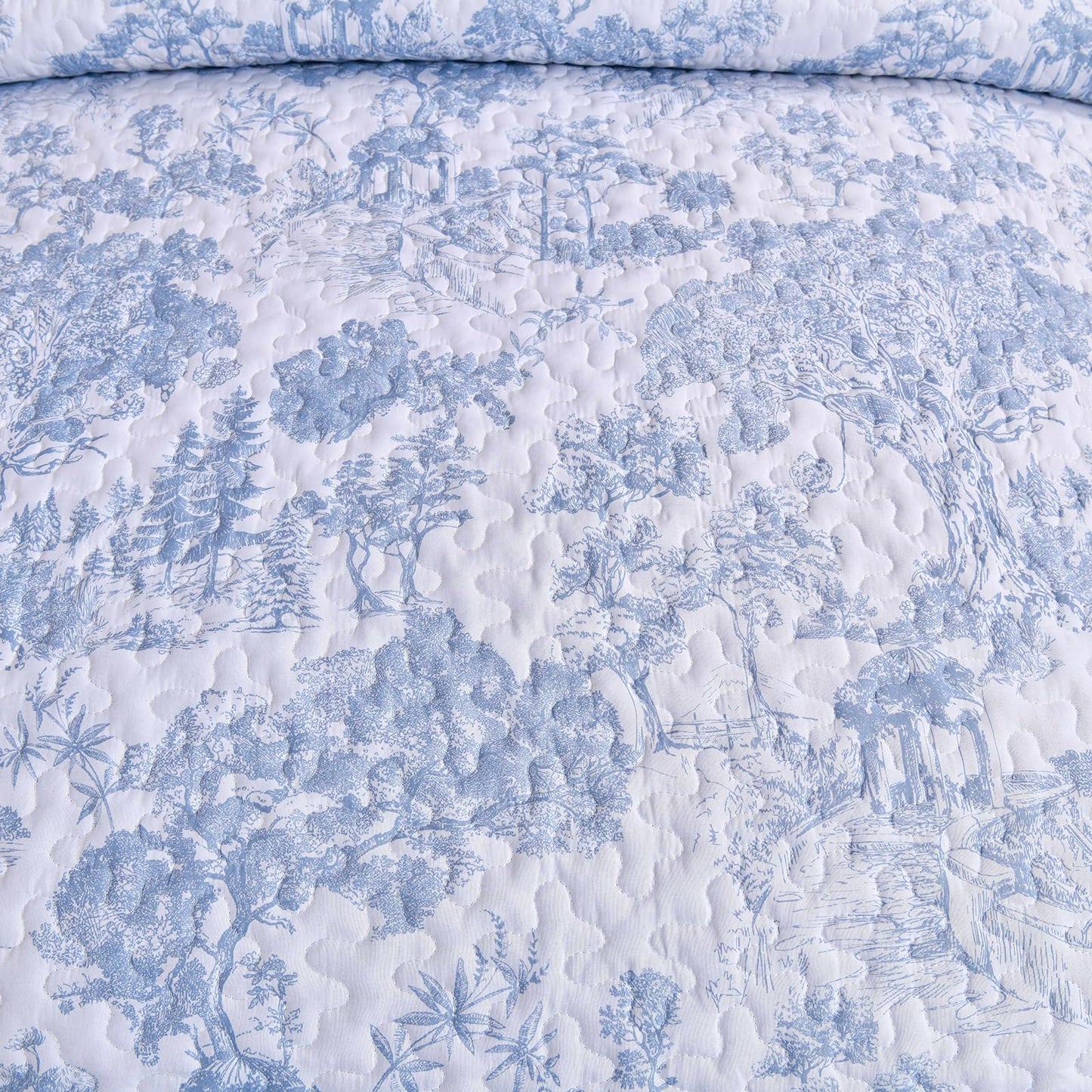 WONGS BEDDING Blue Quilt Set Queen Size, 3 Pieces Botanical Bedspreads Set Lightweight Microfiber Blue Toile Plants Pattern Coverlet Home Decor for All Seasons(96"×90")