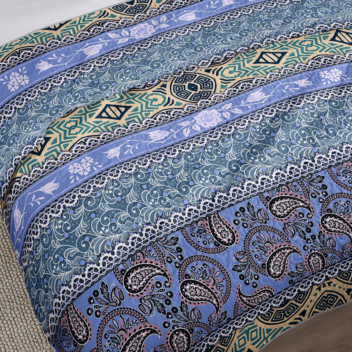 UEVBF Blue Bohemian Quilt Set Queen Size,Boho Striped Printed Bedding Bedding Set for Summer,Retro Soft Lightweight Microfiber Quilt with 2 Pillowcases.