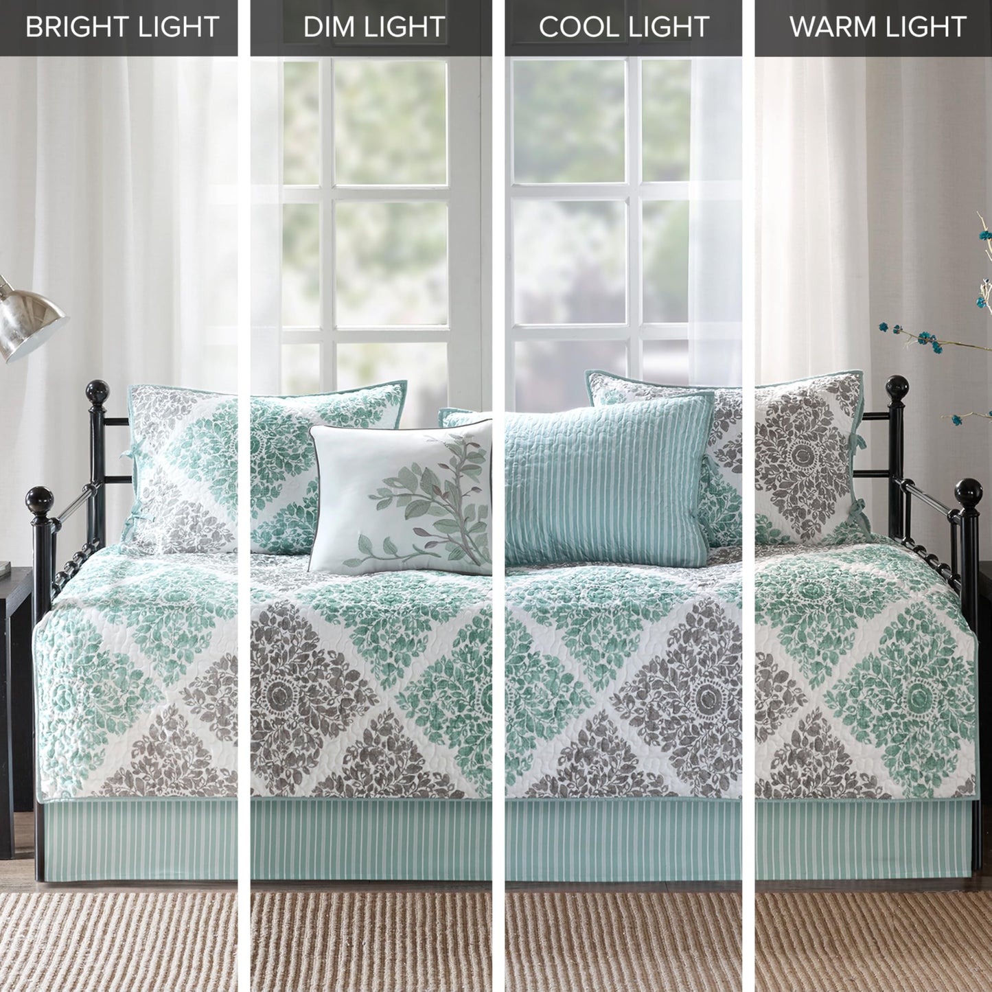 Madison Park Daybed Cover Set - Double Sided Quilting Casual Design, All Season Bedding with Bedskirt, Matching Shams, Decorative Pillow, 75"x39", Diamond Aqua 6 Piece