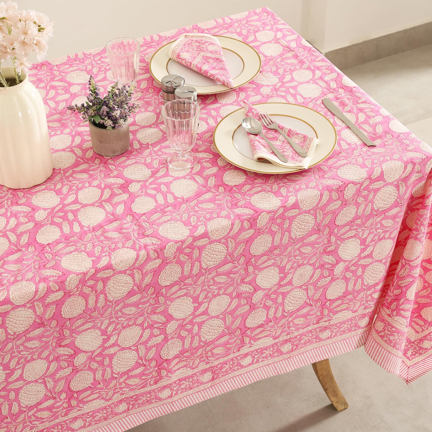 Labhanshi Indian Handblock Print Pre-Washed Cotton Floral 60x90 Inch Rectangle 6-Seater Tablecloth|Rustic Farmhouse Decorative Party Event Wedding Mother's Day Festive Holiday Decor|Hot Pink