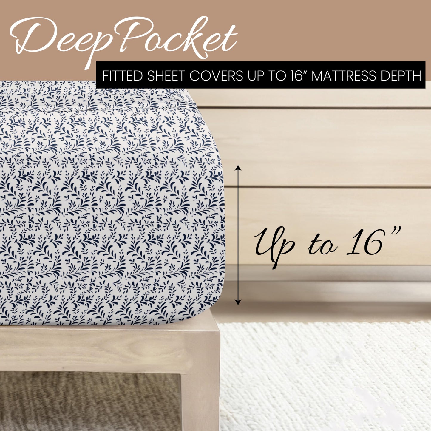 Linen Market 4 Piece King Sheet Set - Breathable, Double-Brushed Patterned Cooling Sheets – Oeko-TEX Certified Ultra Soft & Wrinkle-Free 16" Deep-Pocket King Sheets - Easy Care Burst of Vines Navy