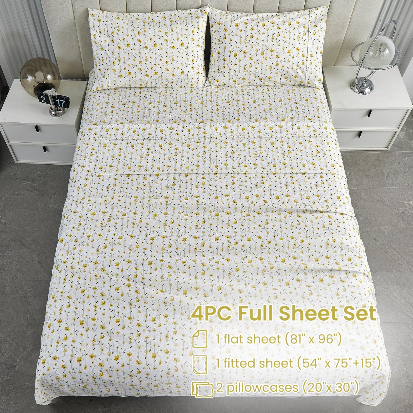 Softan Yellow Floral Bed Sheets Full Flower Printed Sheets - Patterned Microfiber Fitted Sheets Full with 15" Deep Pocket & Non-Slip Straps, Cute Flower Sheets & Pillowcase Set