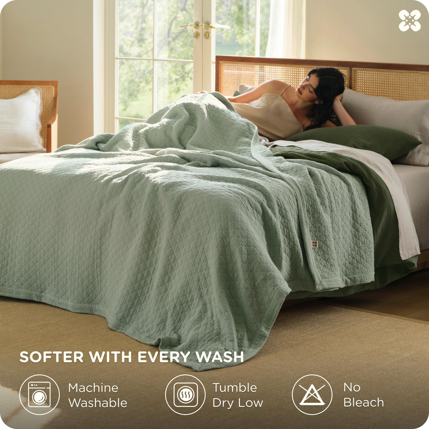 Bedsure 100% Cotton Muslin Blanket 8-Layer Queen, Breathable & Substantial Oeko TEX Gauze Bedding, PureWoven All-Season Moisture-Wicking Comfort, Softens After Wash, Sage Green, 90"x90"