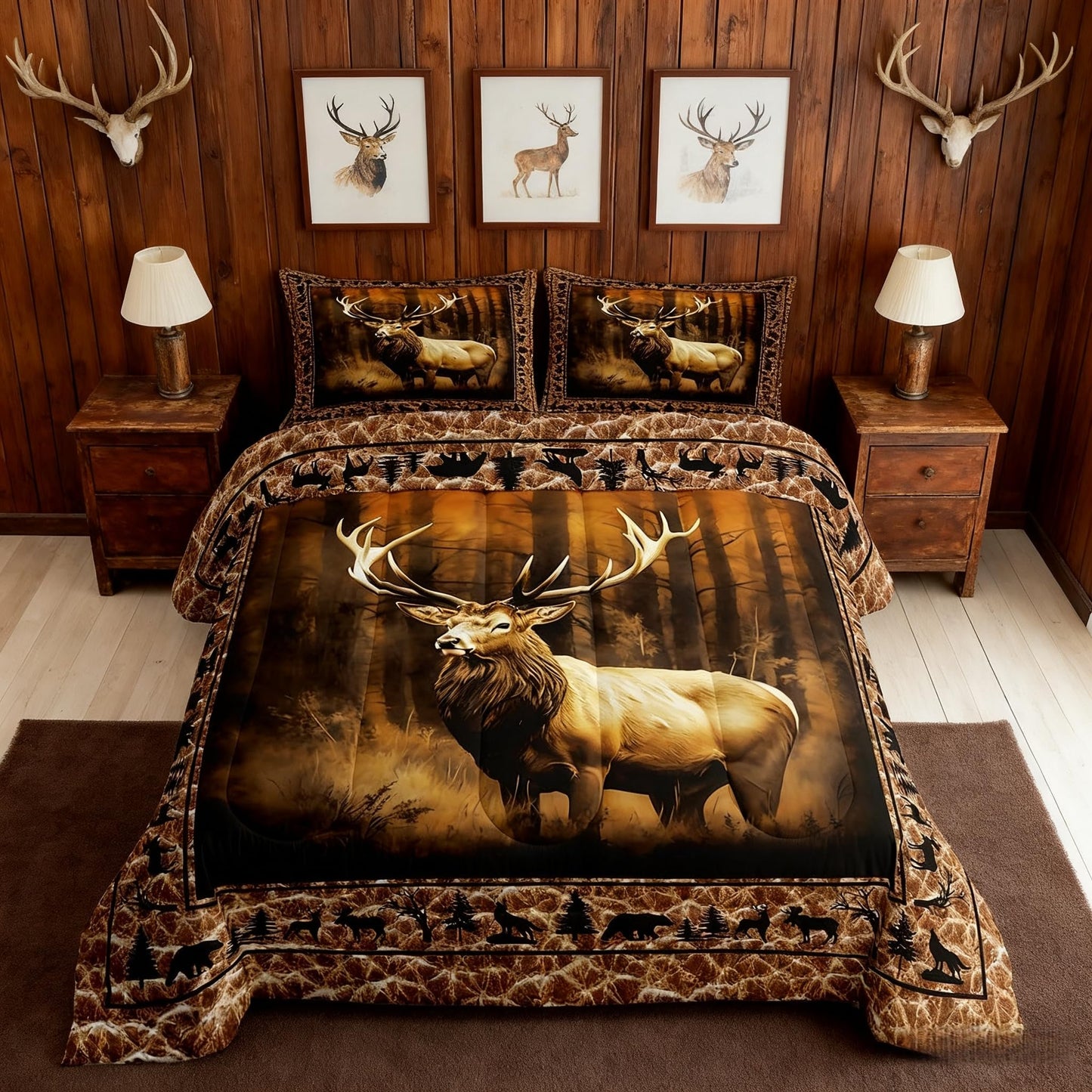 Manfei Deer Comforter Set Queen Size, Wild Animal Theme Bedding Set 3pcs for Kids Boys Teens Bedroom Decor, Black Elk Bear Wolf Trees Quilt Set Wildlife Hunting Duvet Set with 2 Pillowcases