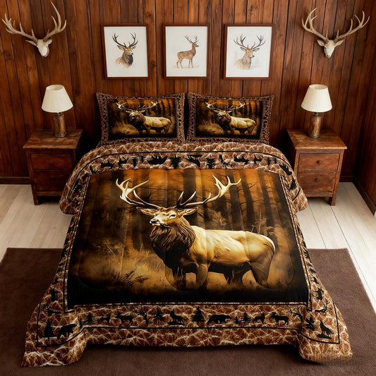 Manfei Deer Comforter Set Queen Size, Wild Animal Theme Bedding Set 3pcs for Kids Boys Teens Bedroom Decor, Black Elk Bear Wolf Trees Quilt Set Wildlife Hunting Duvet Set with 2 Pillowcases