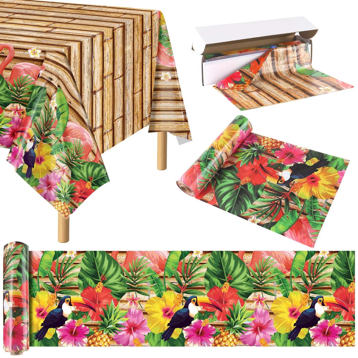Kochorie 100 Ft X 54 Inch Hawaiian Luau Party Tablecloth Roll with Cutter Box, Disposable Plastic Hawaii Tiki Totem Table Cover, Aloha Tropical Floral Table Decorations for Summer Beach Pool Birthday