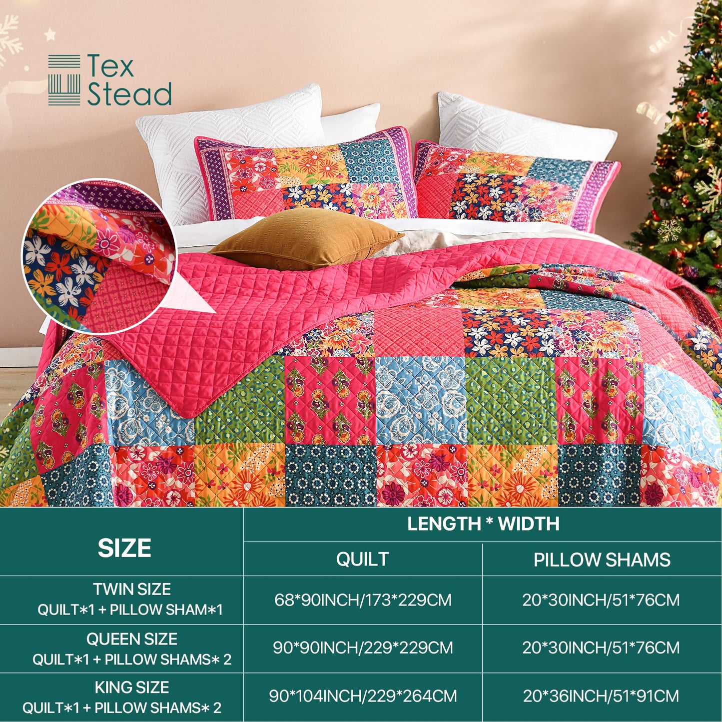 TEXSTEAD Queen Quilt Set - Washed Quilted Patchwork Comforter Coverlet, Lightweight Breathable Bedspread for All Seasons, Reversible 90"x90" with 2 Pillow Shams, Machine Washable