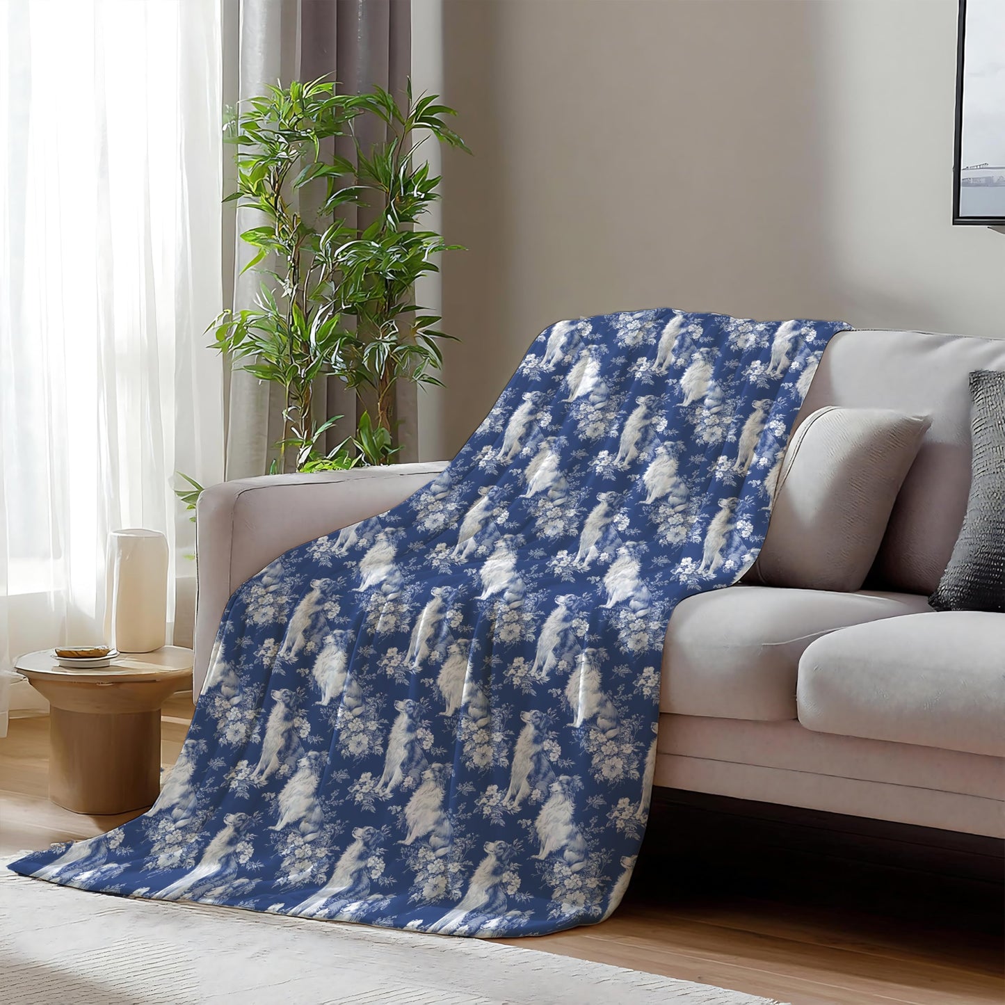 BUJSP Blue Chinoiserie Border Collie Blanket, Border Collie Gifts for Women, Grandmillennial Blue and White French Toile Dog Throw Blanket for Home Bedroom Room Couch Bed Decor, 50x60 Inches