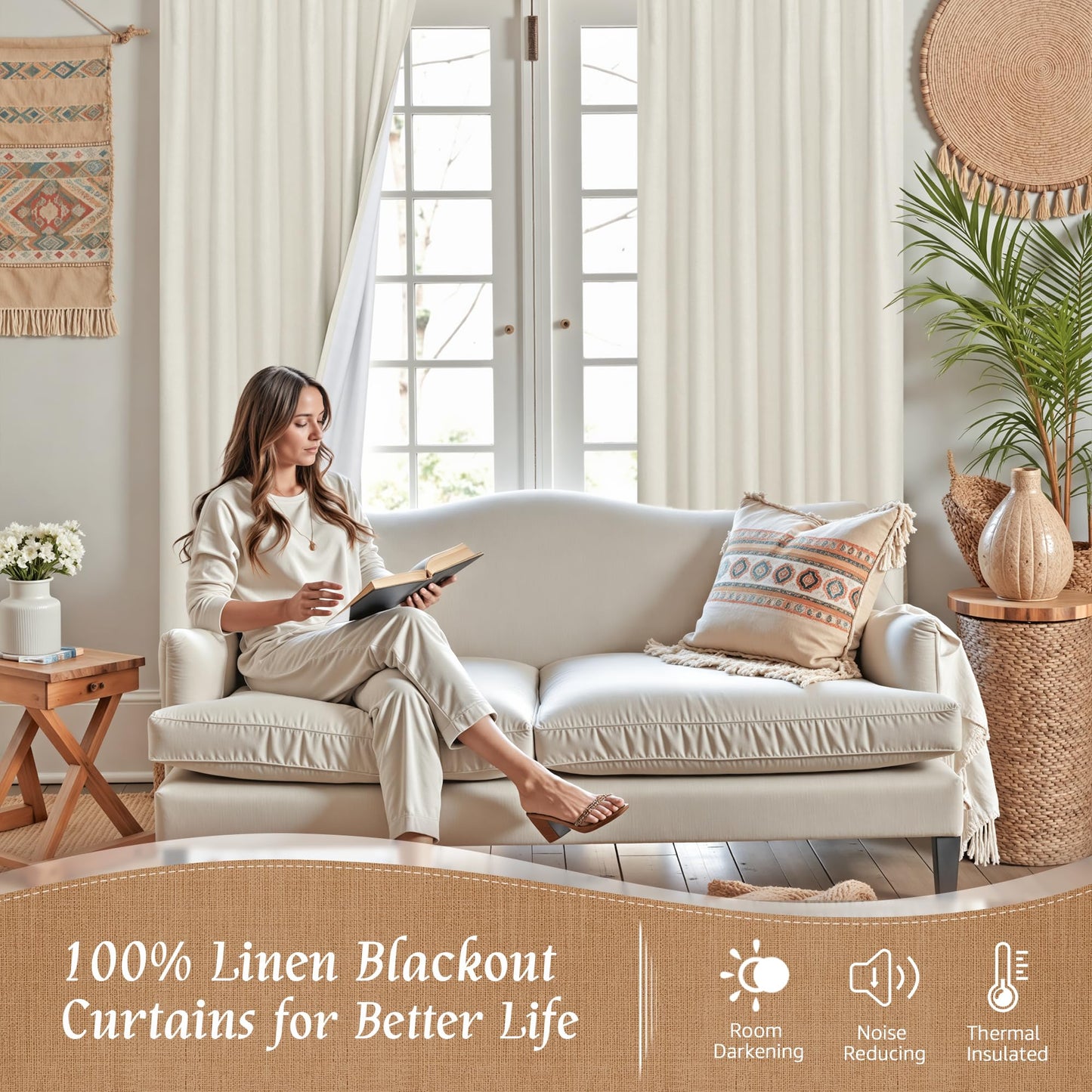 LAMIT 100% Blackout Natural Polyester Curtains, 63 Inches Linen Textured Thermal Bedroom Curtains Back Tab and Rod Pocket Neutral Panels with White Liner for Farmhouse, 2 Panels, 52 x 63 Inch, Ivory