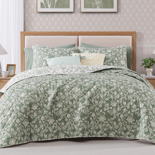 BLOOMHAVEN Quilt Set Queen Size, Green Floral Quilt Sets, Reversible Bedspread Lightweight and Breathable for All Seasons, Soft Quilted Bedspread with 2 Pillow Shams