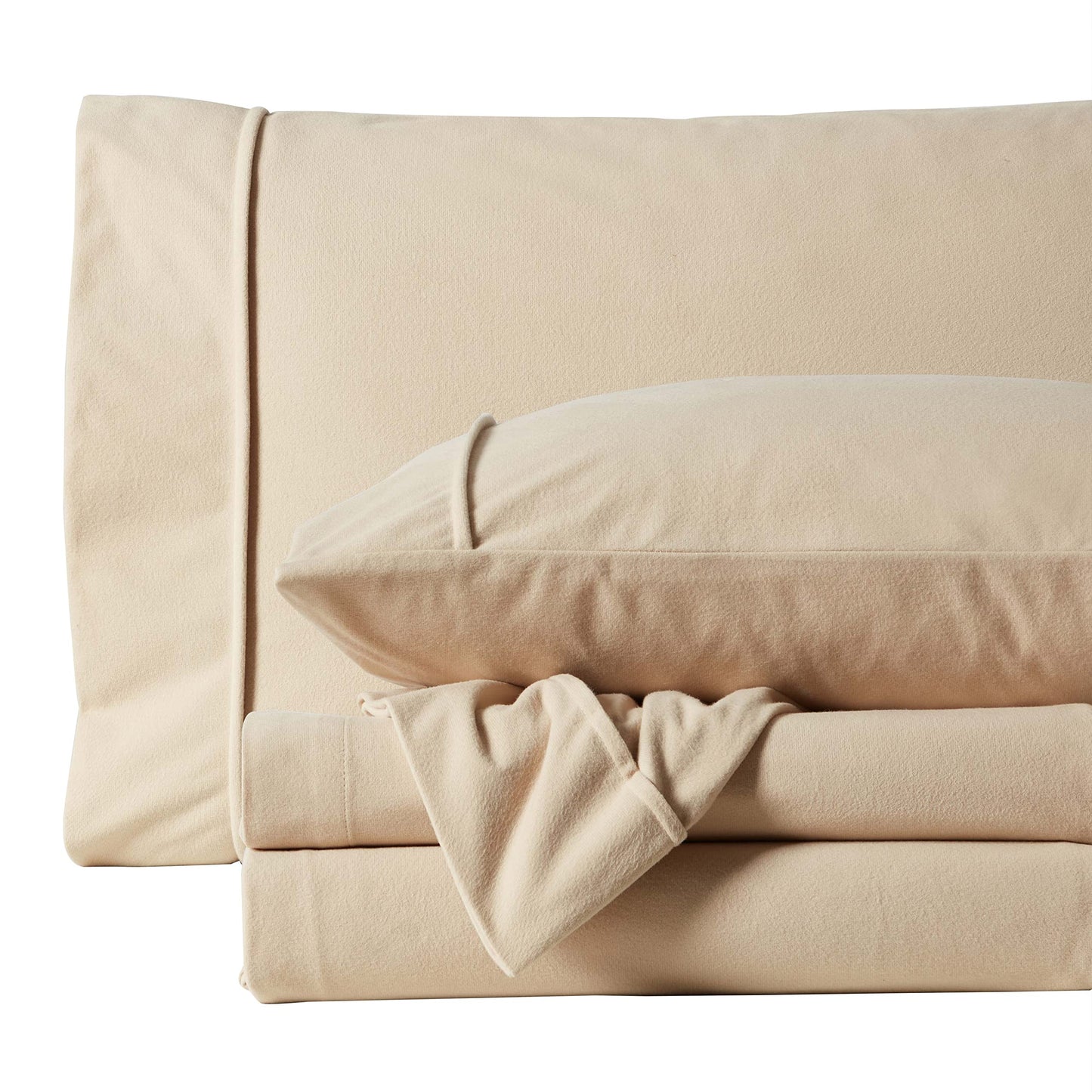Flannel Sheets Warm and Cozy Deep Pocket Breathable All Season Bedding Set with Fitted, Flat and Pillowcases, Queen, Beige