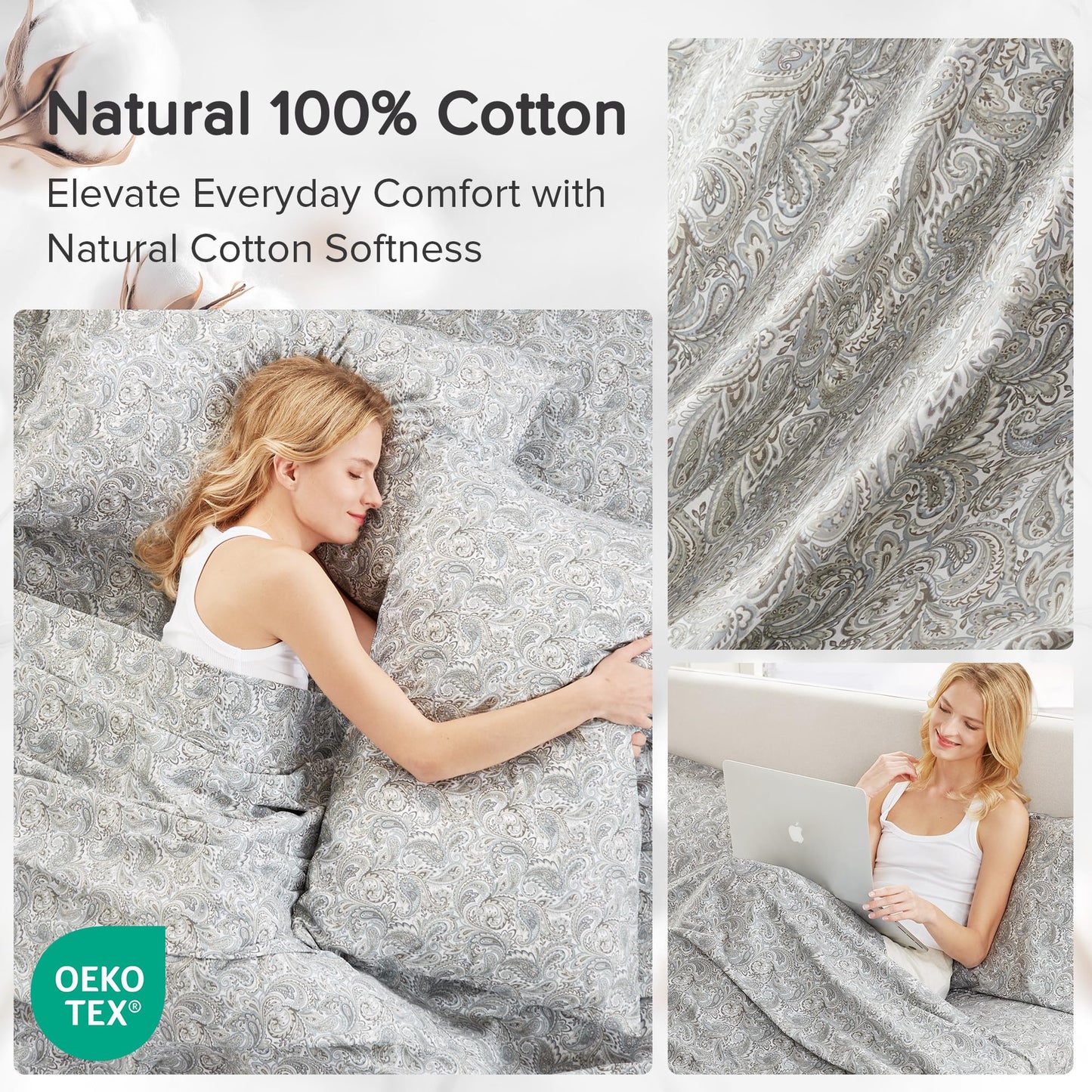 Comfort Spaces 100% Cotton Sheet Set Breathable, Lightweight, Soft with 14" Elastic Pocket Fits up to 16" Mattress, All Season Cozy Bedding, Matching Pillow Case, Cal King Paisley Multi 4 Piece