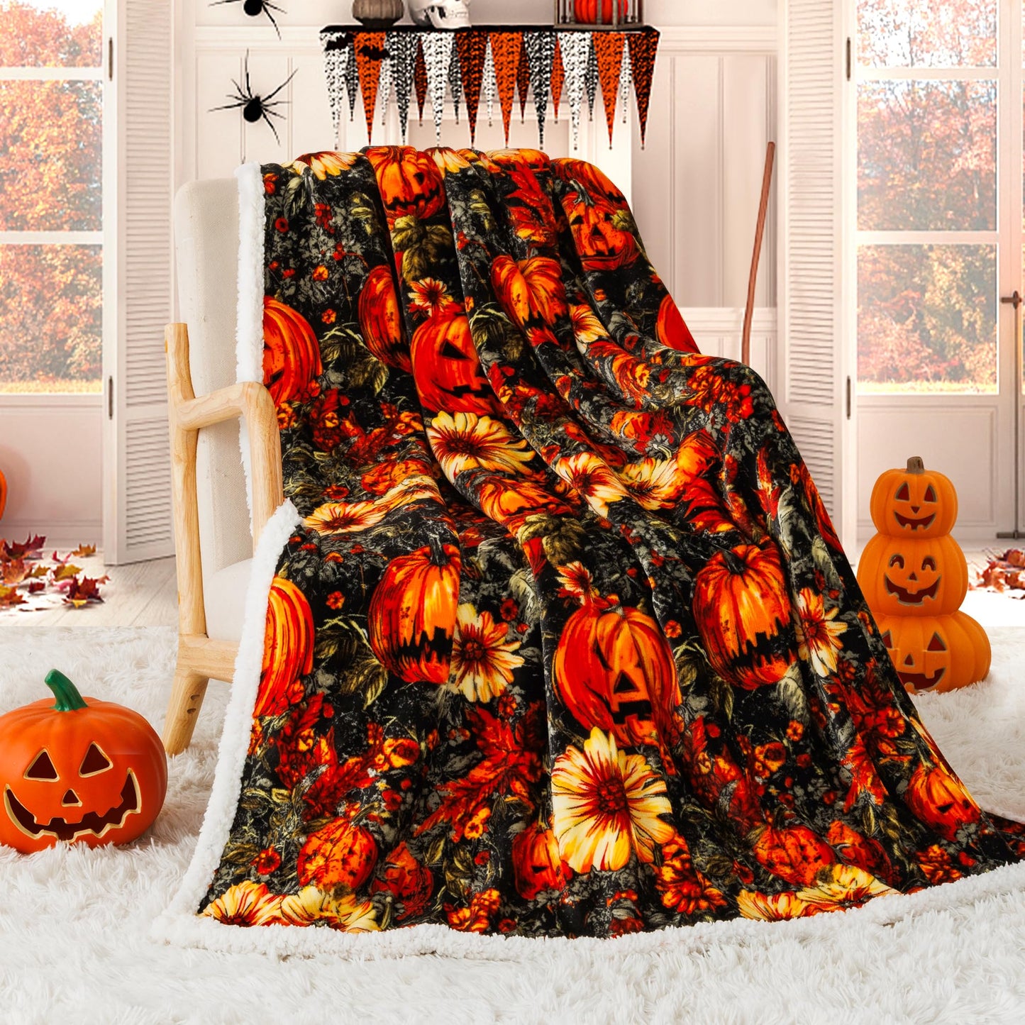 ROMROL Halloween Throw Blanket, Fall Sherpa Throw Blankets, Pumpkin, Leaves Fall Blanket, Soft Fuzzy Plush for Couch Sofa or Bed, Warm Flannel Blanket for Halloween Fall Decor (50" x 60")