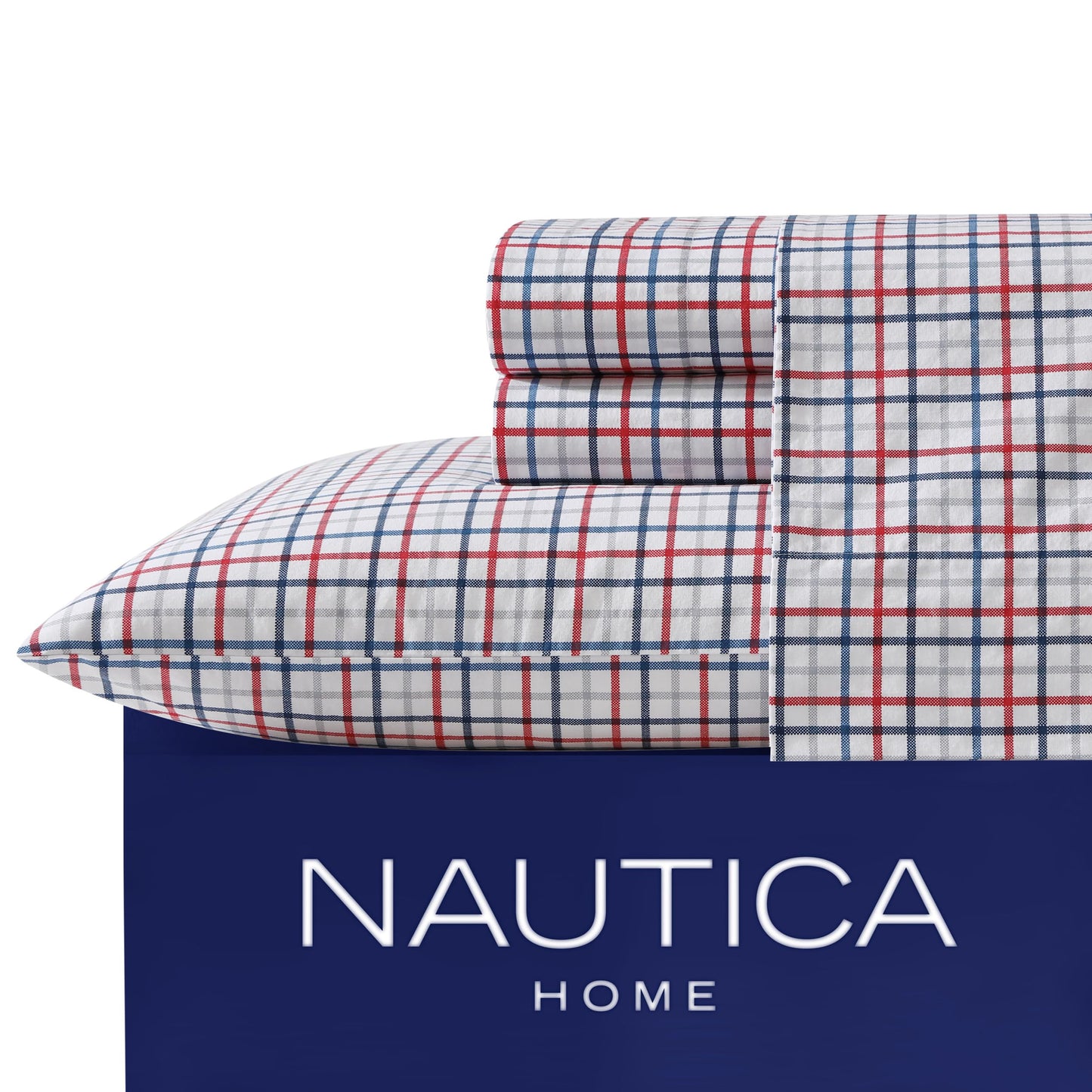 Nautica – Full Size Sheet Set, Crisp Cotton Percale Bedding with Matching Pillowcases, Lightweight & Breathable Bed Sheets, Deep Pocket, College Dorm Room Essentials (Boating Tattersall Grey)