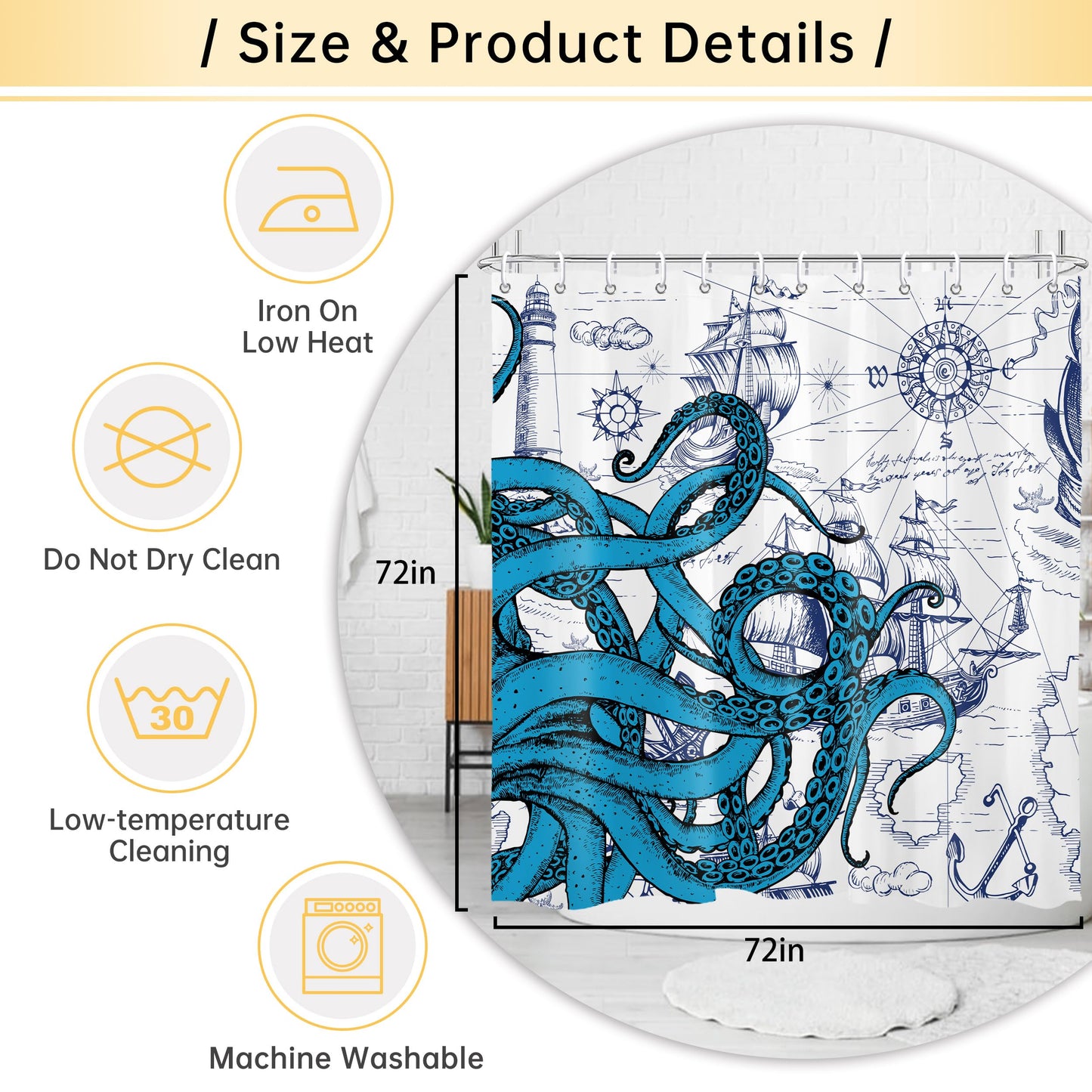 Mayormyth Shower Curtain Blue Nautical Octopus Funny Ocean Kraken Shower Curtains for Bathroom Decor Beach Coastal Pirate Map Shower Curtain Set Polyester Waterproof Cloth Fabric with Hooks