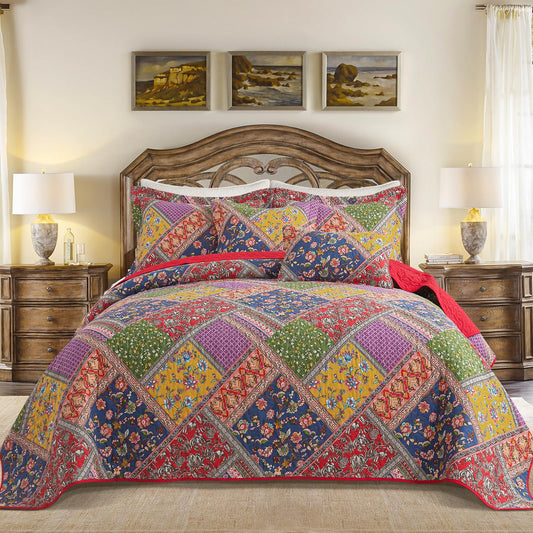 BEDIFANY Cotton Queen Quilt Set - Vintage Farmhouse Bedspread with Vibrant Floral Pattern, 3-Piece Lightweight Coverlet (90x98 Inch) + 2 Pillow Shams, All Seasons Multicolor Quilt Bedding Set