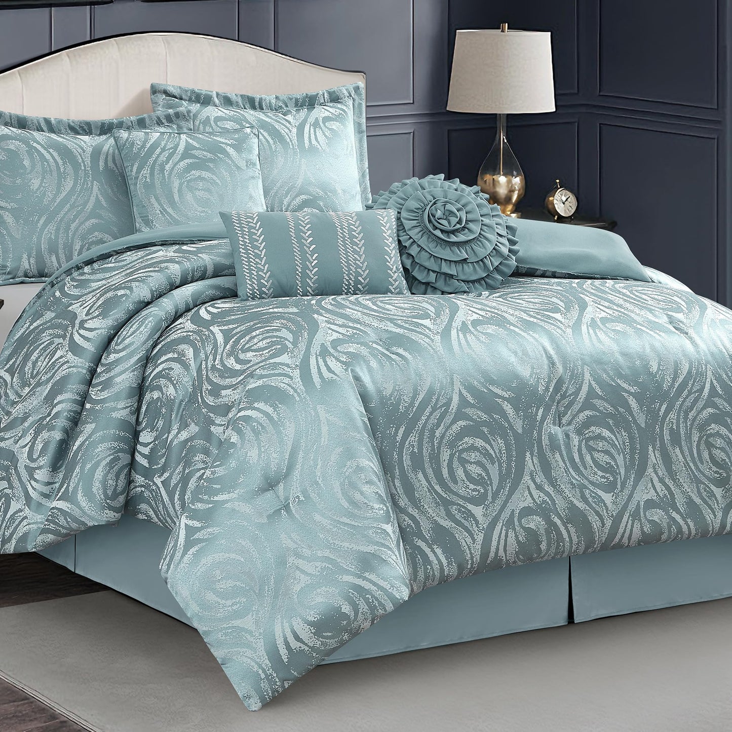 LANCO MODERN LIFESTYLE Blue 7 Piece Comforter Set, King, Elegant Floral Jacquard, Ultra Soft Bed Set for All Seasons, Bed in a Bag, Include Comforter, Bed Skirt, Pillow Shams & Decor Pillows