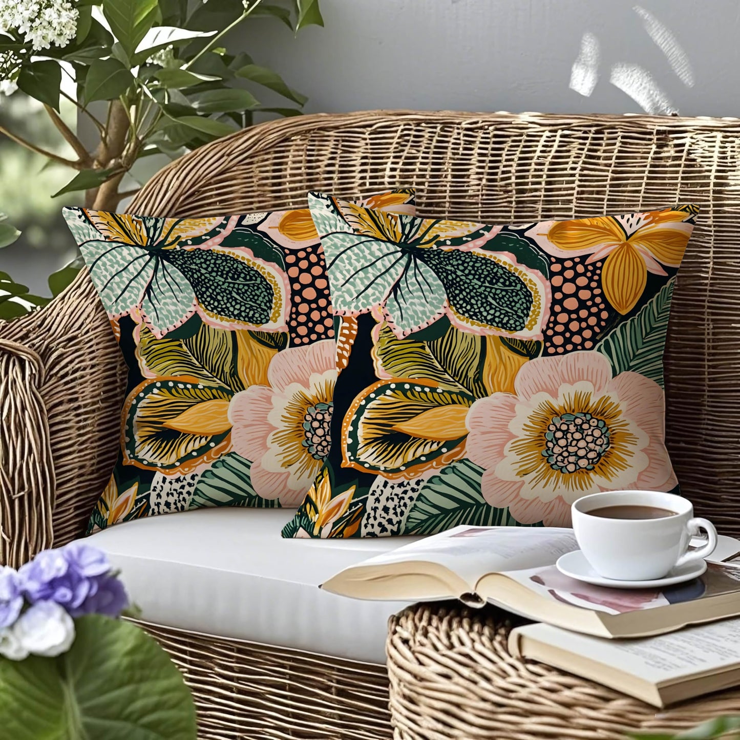 mellicoma Waterproof Outdoor Pillow Covers 18x18 Pack of 2 Bold Tropical Floral Pattern Throw Summer Outdoor Pillows for Garden Funiture Patio Home
