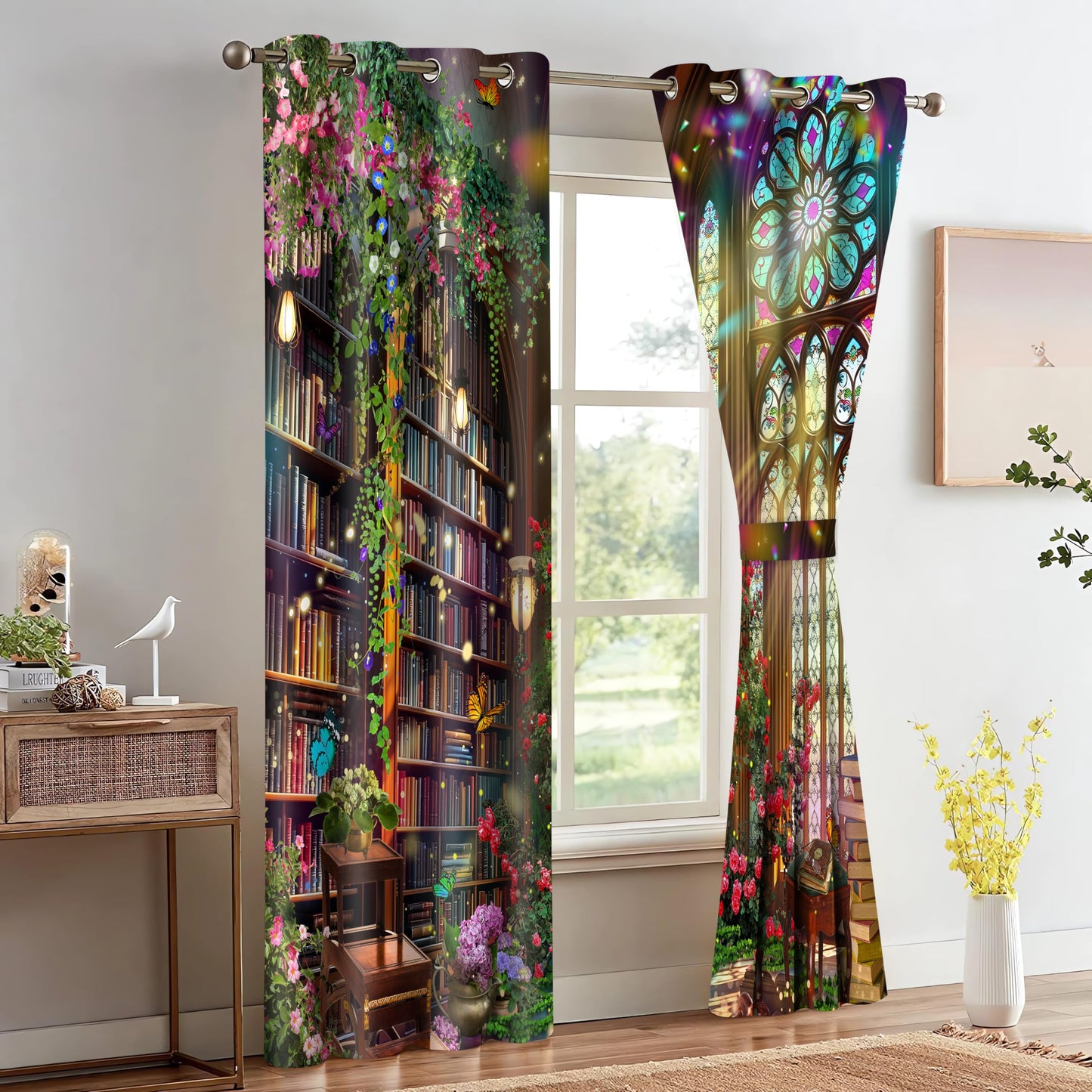 HIYSMT Fantasy Library Blackout Curtains,Stained Glass Medieval Curtain,4284inch Fairy Tale Magic Book Bookshelf Butterfly Print Drapes for Bedroom Living Room 2Panel HI09YL