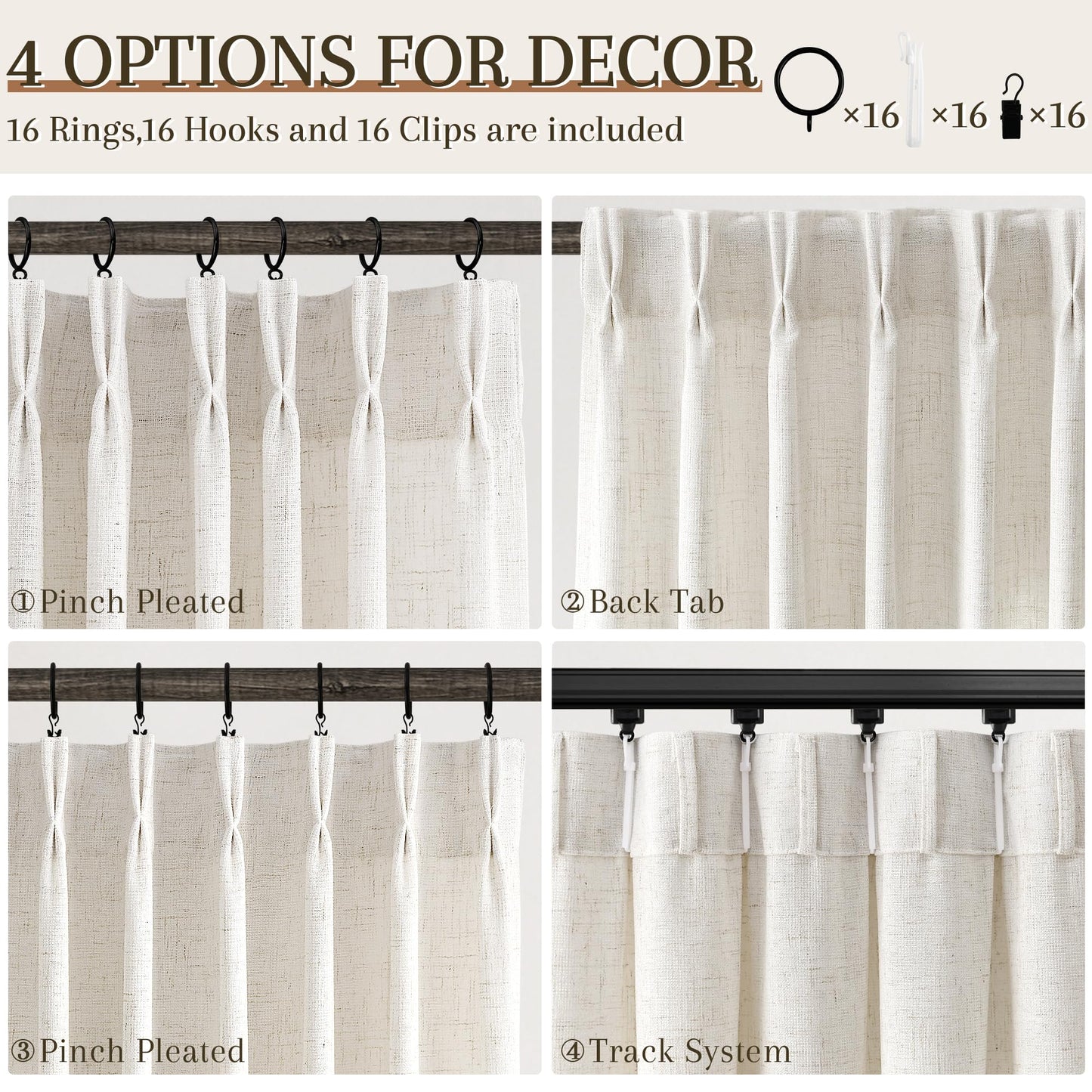 Joywell Kitchen Window Curtains 40 Inch Length - Short Linen Pinch Pleated Drapes 2 Panels, Natural Cream Semi Sheer Light Filtering Privacy Small Curtain with Back Tab Clip Rings 34x40