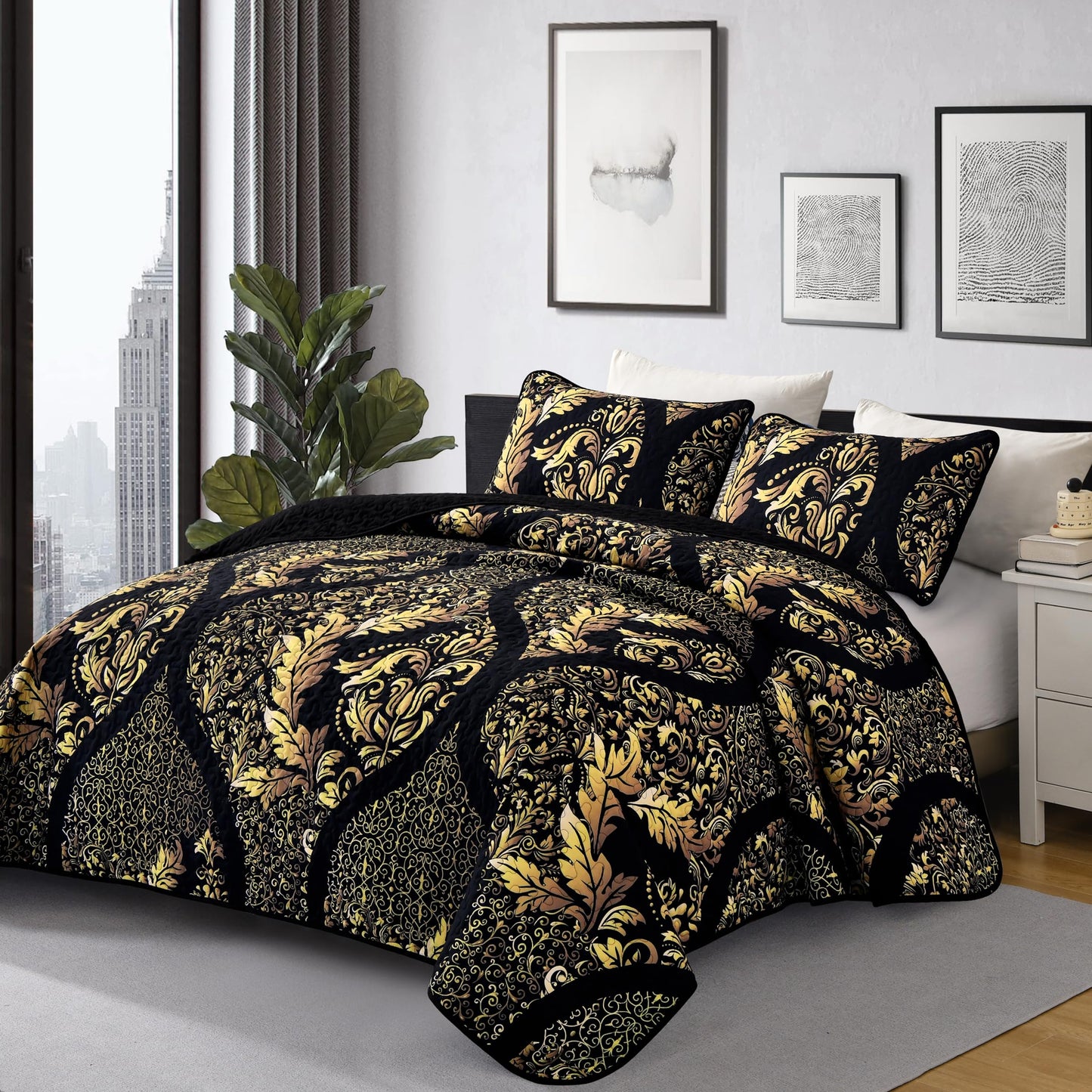 DJY Black Quilt Set Queen Size, Boho Gold Damask Bedspread Coverlet Set Soft Lightweight Microfiber Luxury Bedding Set 3 Pieces for All Season (96"x90")
