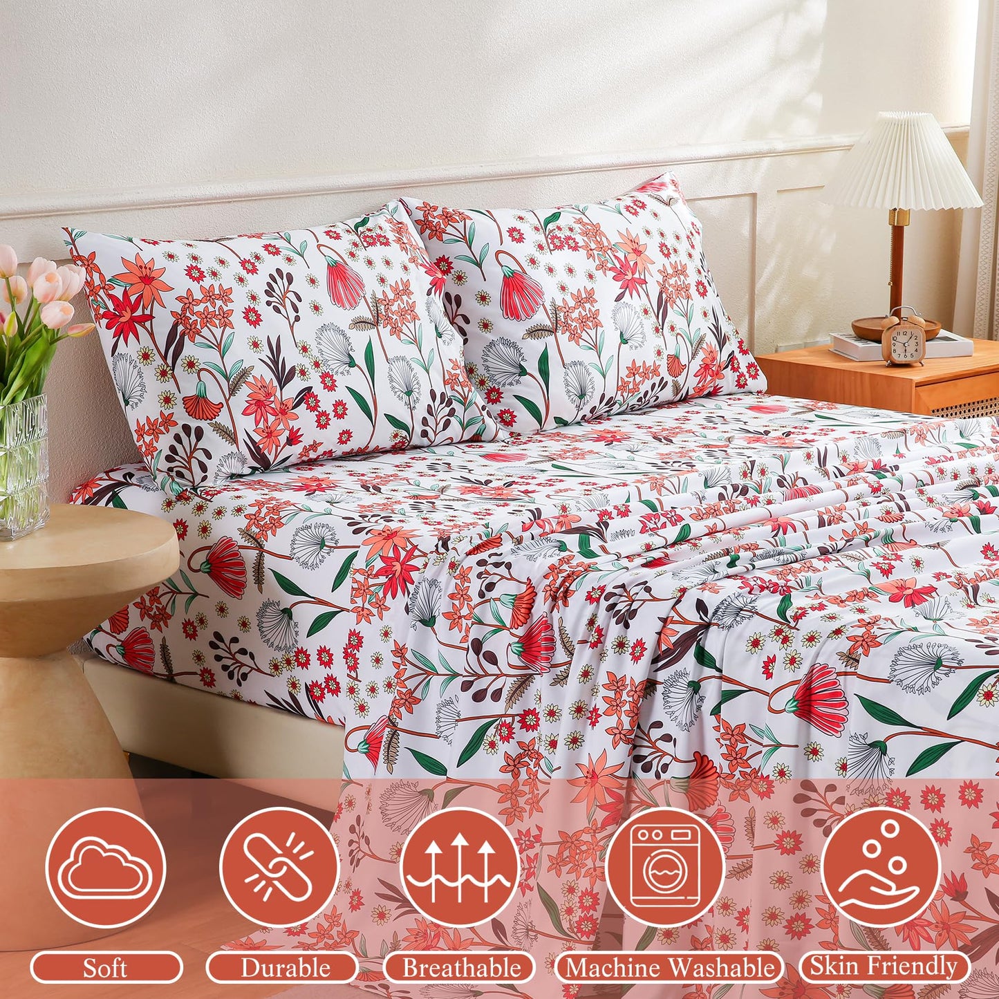 CIMVI Fashion Flower Sheet Set Queen Size 4 Pieces Floral Bedding and Pillowcases 15 inch Deep Pocket Fitted Sheets Soft Breathable Bed Sets Woman Adults Decor Bedroom