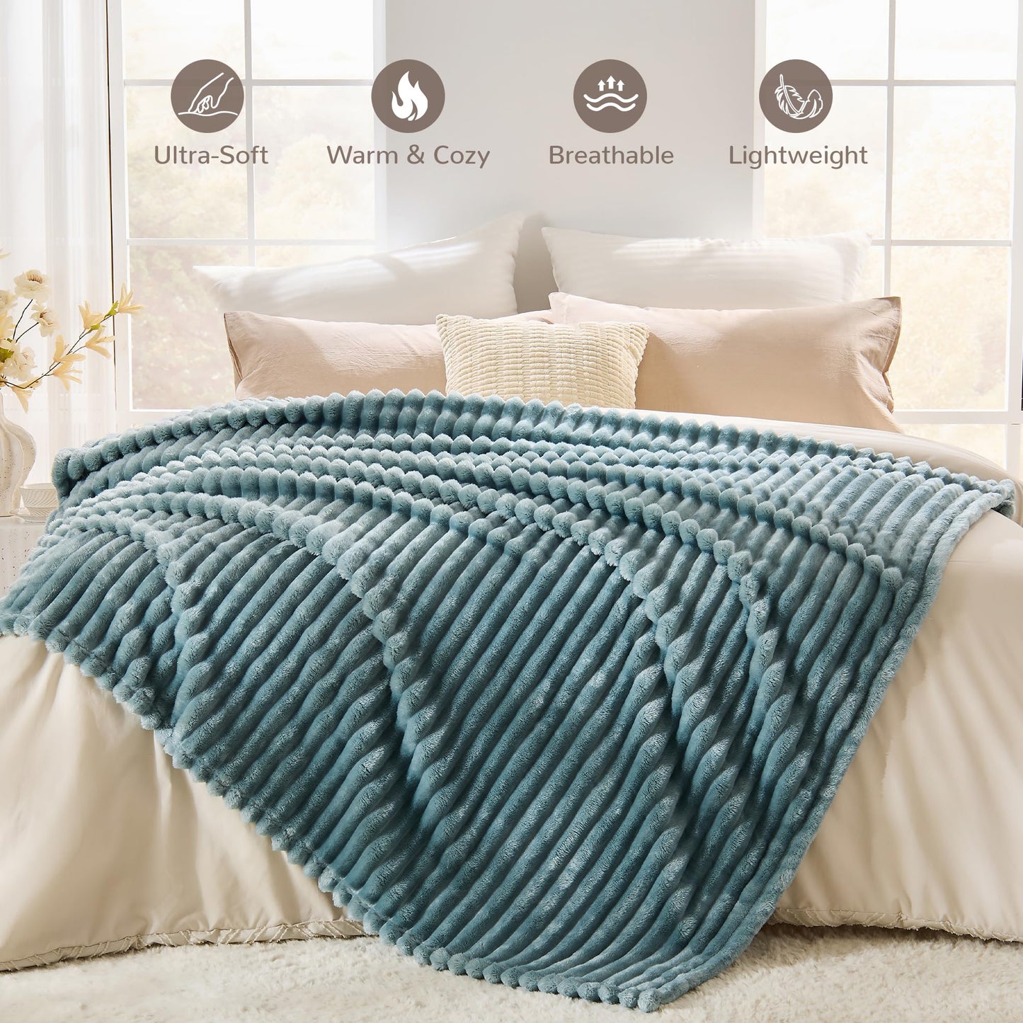 SUPRYNEX Dusty Blue Striped Throw Blanket, 330GSM Soft Plush Fleece Blanket for Couch Sofa Travel, Decorative Cozy Giftable Home Blanket, 50x70 Inches