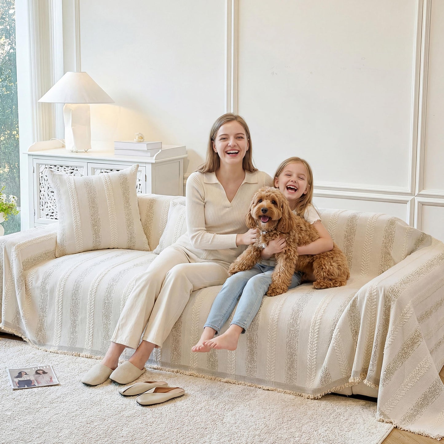 Fuyulacom Couch Cover for Dogs Washable Sofa Cover, Sectional Couch Covers, Sofa Covers for 2 Cushion Couch, Non Slip Stripe Sofa Slipcovers Furniture Protector (Beige, 71x118)